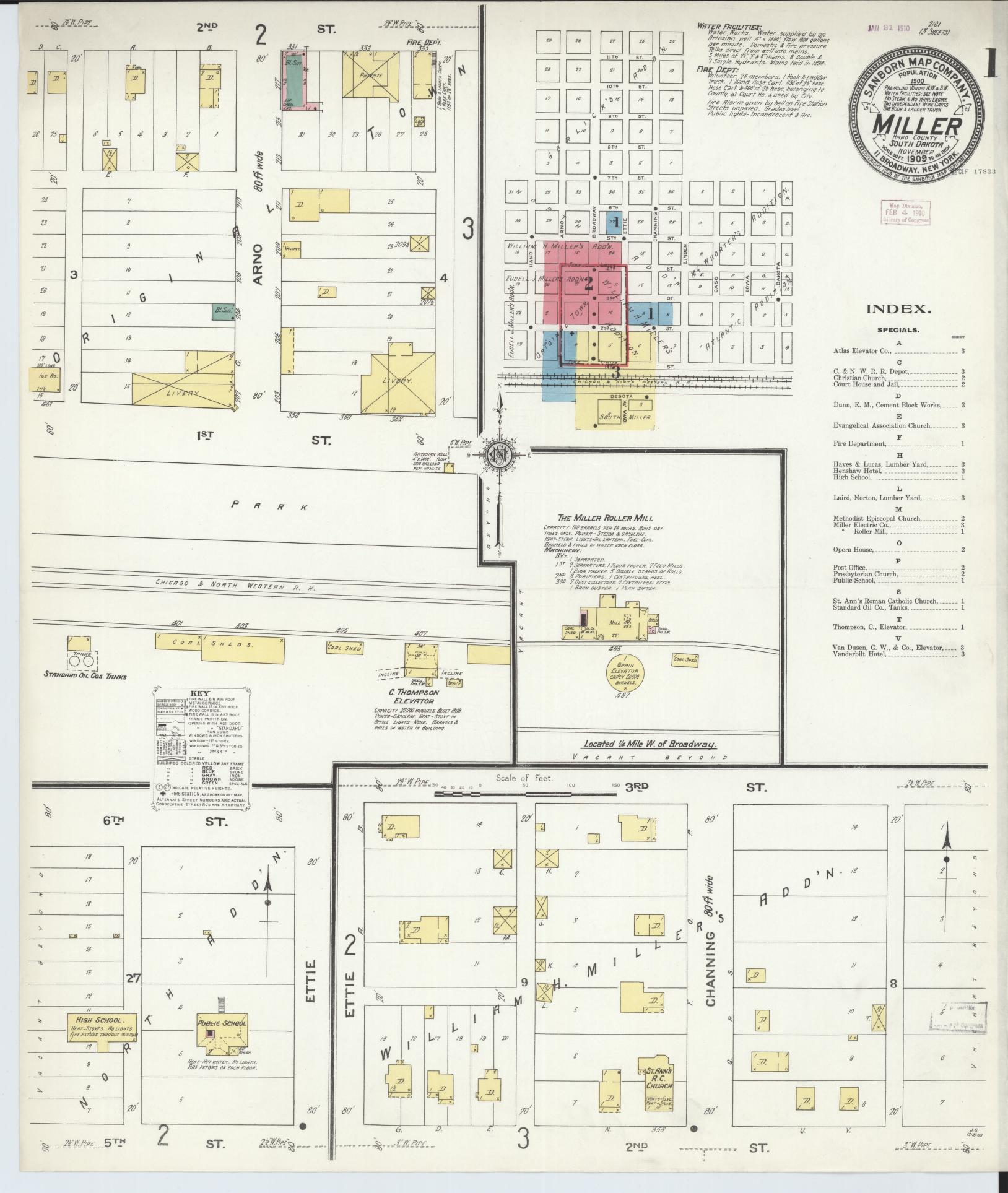 Sanborn Fire Insurance Map from Miller, Hand County, South Dakota (1909), Sheet #0001 - Historic Sanborn Fire Insurance Map Print, vintage old map wall art, antique decor, genealogy gift, South Dakota South Dakota map
