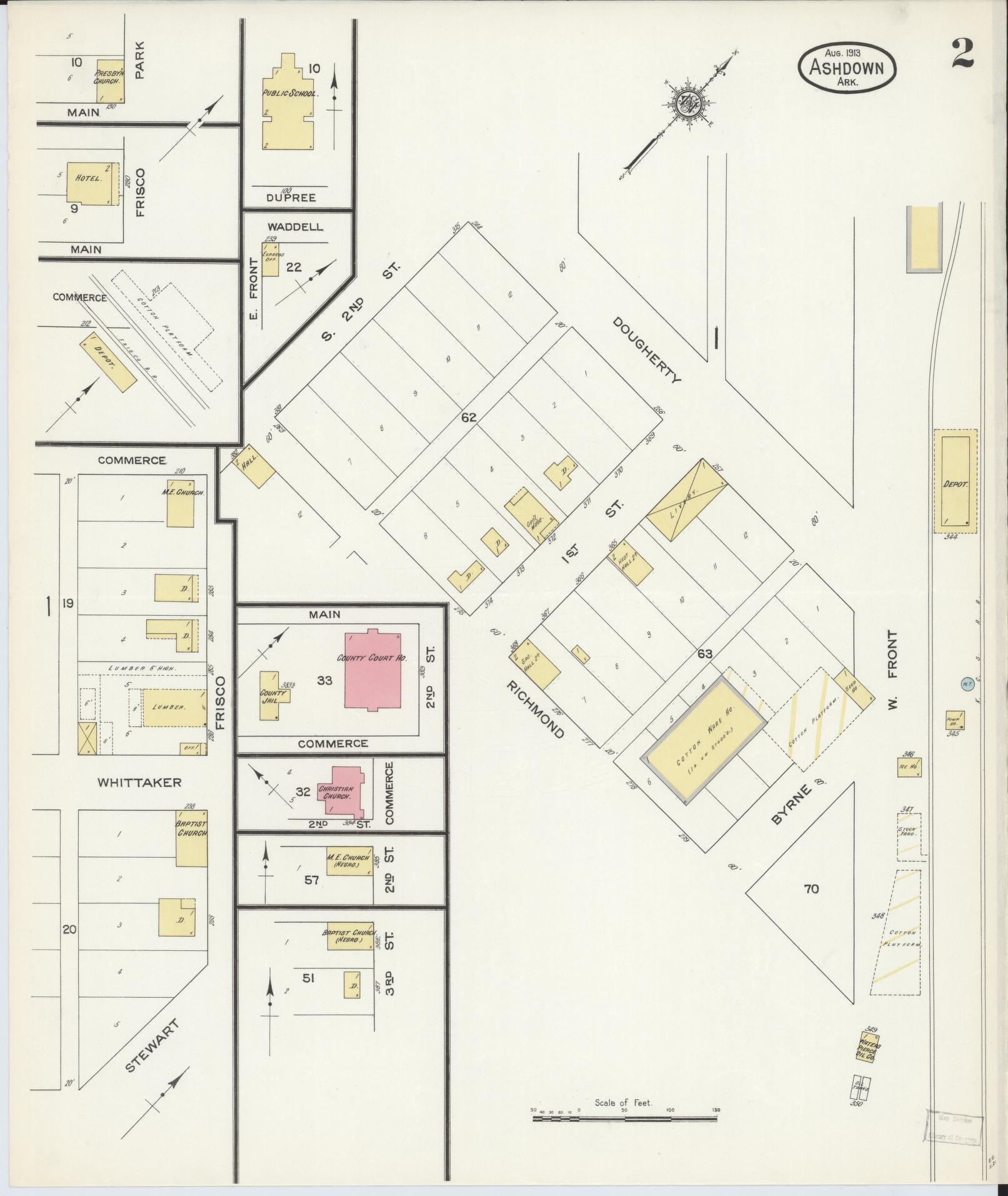 Sanborn Fire Insurance Map from Ashdown, Little River County, Arkansas (1913), Sheet #0002 - Historic Sanborn Fire Insurance Map Print, vintage old map wall art, antique decor, genealogy gift, Arkansas Arkansas map