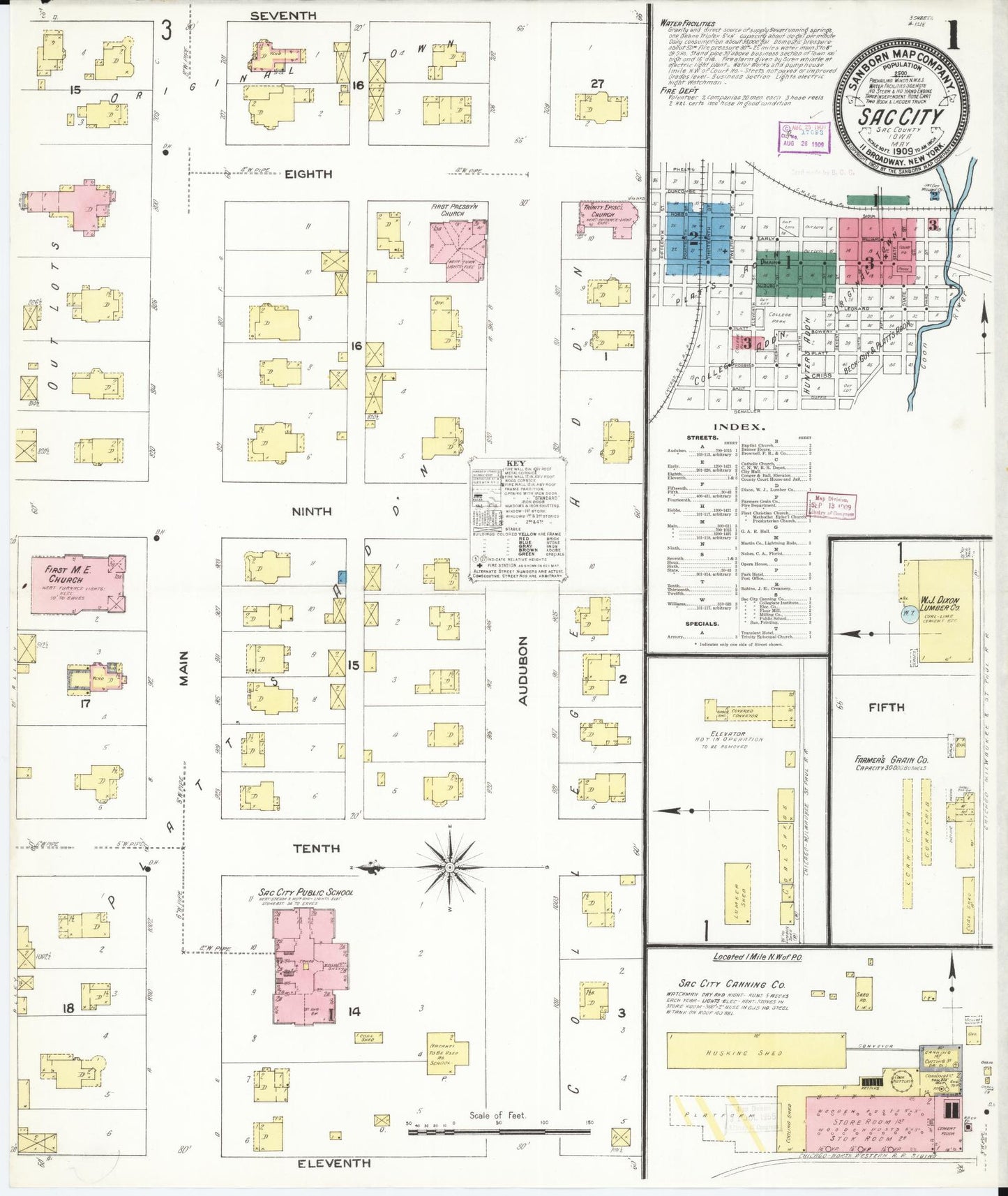 Sanborn Fire Insurance Map from Sac City, Sac County, Iowa (1909), Sheet #0001 - Historic Sanborn Fire Insurance Map Print, vintage old map wall art