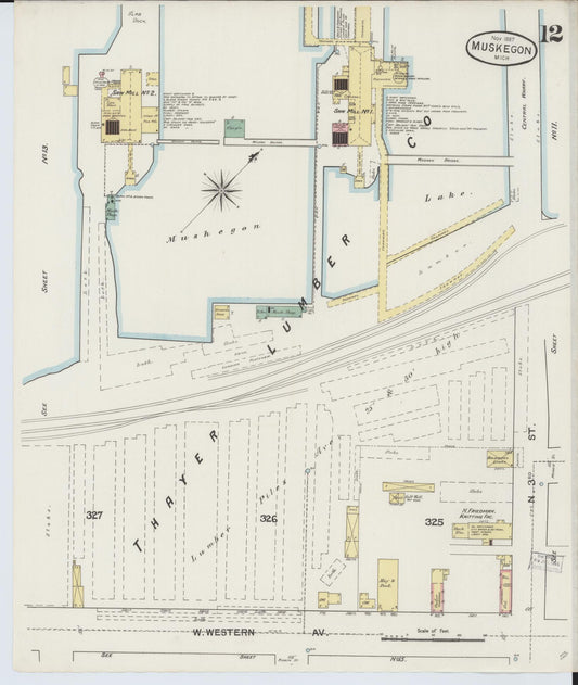 Sanborn Fire Insurance Map from Muskegon, Muskegon County, Michigan (1887), Sheet #0012 - Historic Sanborn Fire Insurance Map Print, vintage old map wall art, antique decor, genealogy gift, Michigan Michigan map