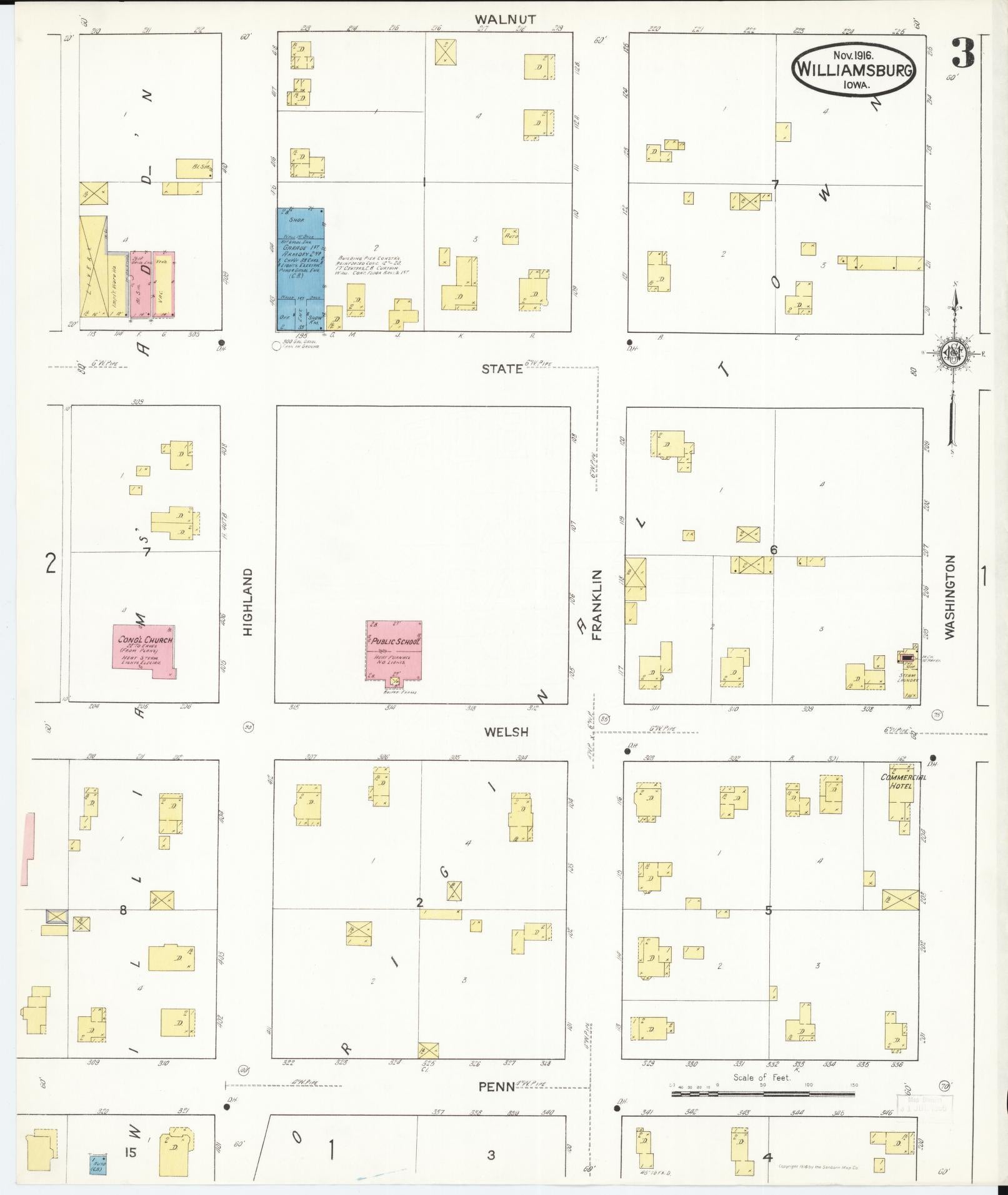 Sanborn Fire Insurance Map from Williamsburg, Iowa County, Iowa (1916), Sheet #0003 - Historic Sanborn Fire Insurance Map Print, vintage old map wall art