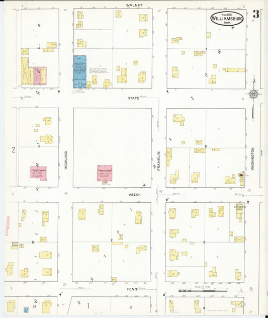 Sanborn Fire Insurance Map from Williamsburg, Iowa County, Iowa (1916), Sheet #0003 - Historic Sanborn Fire Insurance Map Print, vintage old map wall art