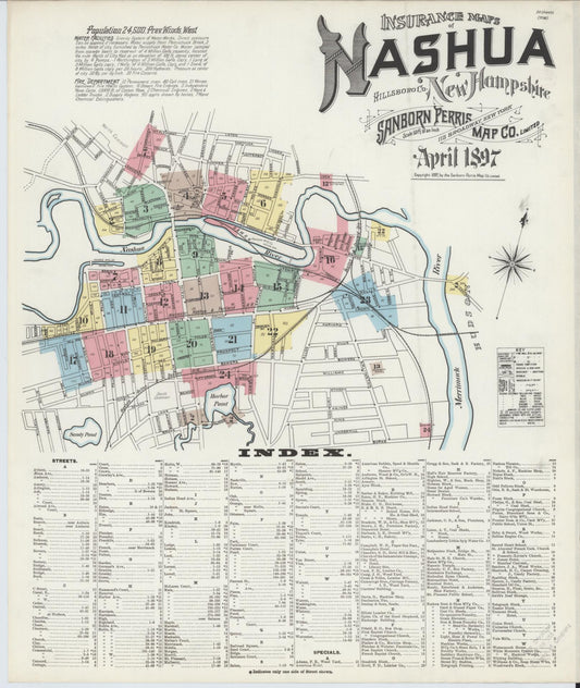 Sanborn Fire Insurance Map from Nashua, Hillsborough County, New Hampshire (1897), Sheet #0001 - Complete Map Set gallery image, historic Sanborn map, vintage wall art, New Hampshire New Hampshire
