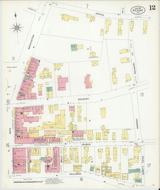Sanborn Fire Insurance Map from Keene, Cheshire County, New Hampshire (1908), Sheet #0012 - Historic Sanborn Fire Insurance Map Print, vintage old map wall art, antique decor, genealogy gift, New Hampshire New Hampshire map