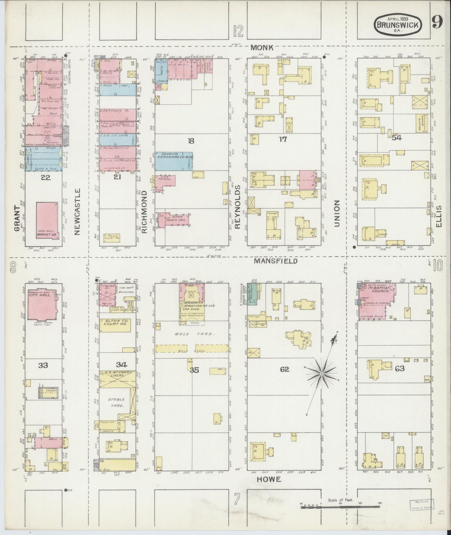 Sanborn Fire Insurance Map from Brunswick, Glynn County, Georgia (1893), Sheet #0009 - Complete Map Set gallery image, historic Sanborn map, vintage wall art, Georgia Georgia