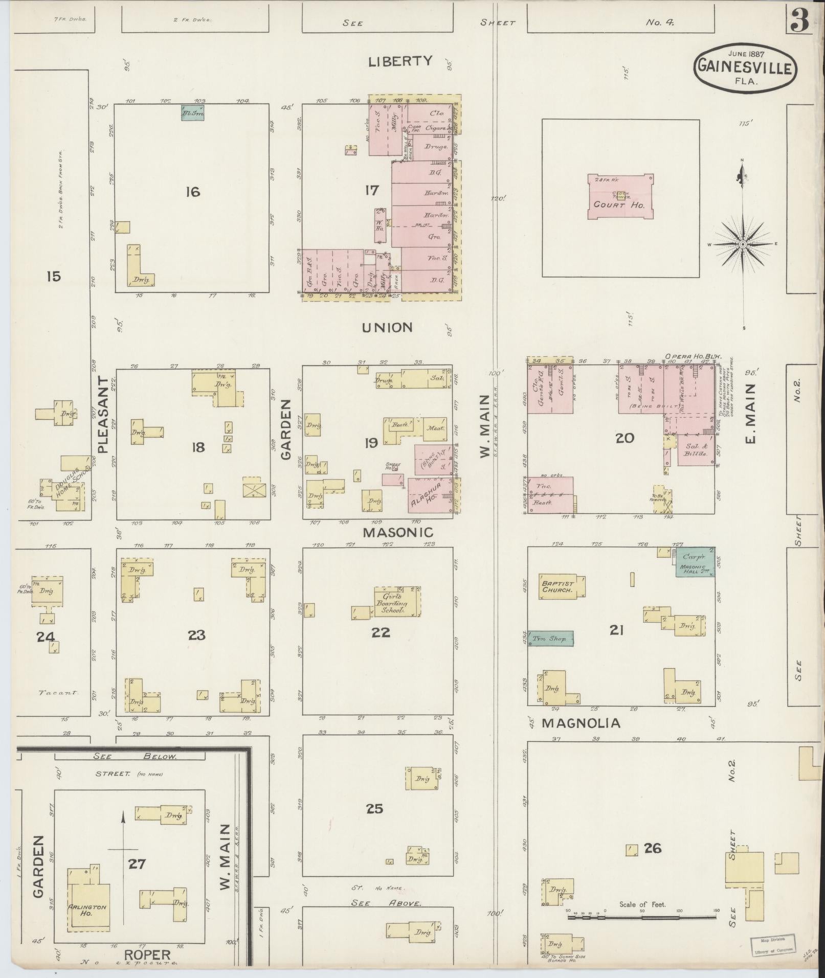 Sanborn Fire Insurance Map from Gainesville, Alachua County, Florida (1887), Sheet #0003 - Complete Map Set gallery image, historic Sanborn map, vintage wall art, Florida Florida