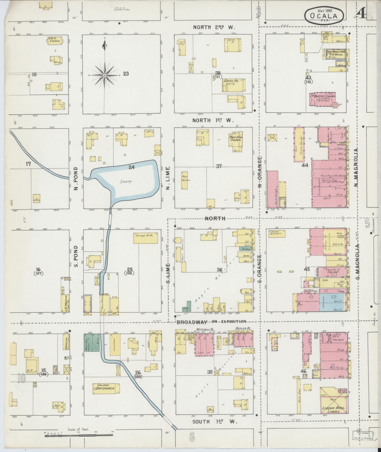 Sanborn Fire Insurance Map from Ocala, Marion County, Florida (1895), Sheet #0004 - Historic Sanborn Fire Insurance Map Print, vintage old map wall art, antique decor, genealogy gift, Florida Florida map