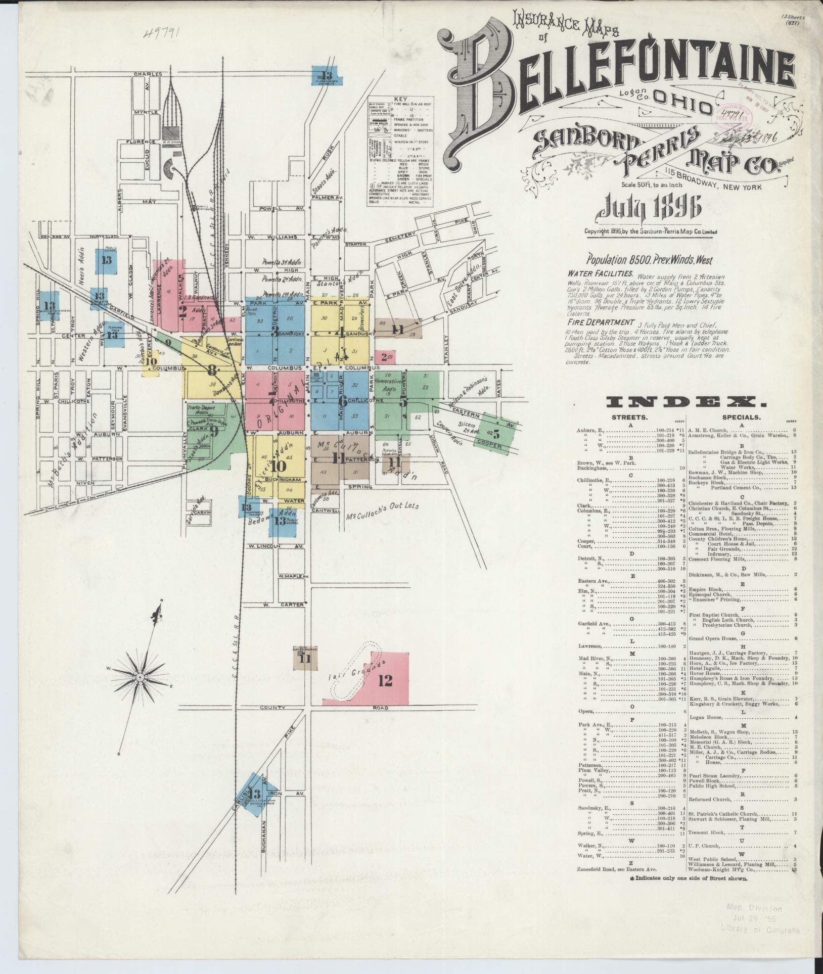 Sanborn Fire Insurance Map from Bellefontaine, Logan County, Ohio (1896), Sheet #0001 - Historic Sanborn Fire Insurance Map Print, vintage old map wall art, antique decor, genealogy gift, Ohio Ohio map