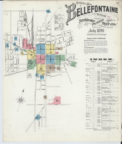 Sanborn Fire Insurance Map from Bellefontaine, Logan County, Ohio (1896), Sheet #0001 - Historic Sanborn Fire Insurance Map Print, vintage old map wall art, antique decor, genealogy gift, Ohio Ohio map
