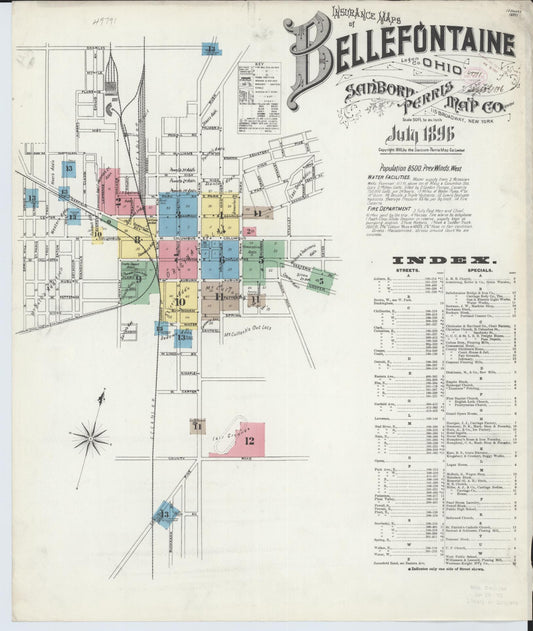 Sanborn Fire Insurance Map from Bellefontaine, Logan County, Ohio (1896), Sheet #0001 - Historic Sanborn Fire Insurance Map Print, vintage old map wall art, antique decor, genealogy gift, Ohio Ohio map