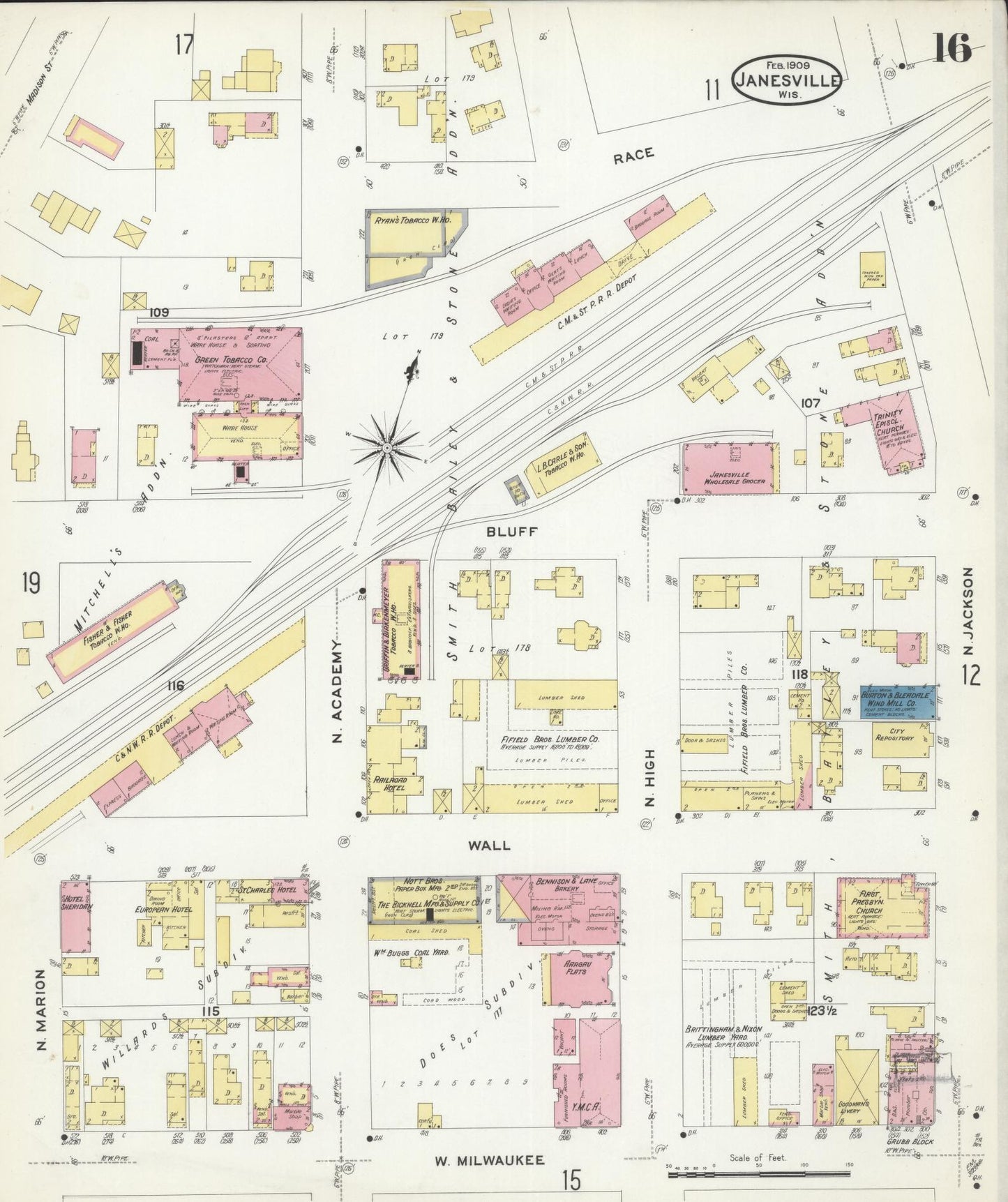 Sanborn Fire Insurance Map from Janesville, Rock County, Wisconsin (1909), Sheet #0016 - Historic Sanborn Fire Insurance Map Print, vintage old map wall art, antique decor, genealogy gift, Wisconsin Wisconsin map