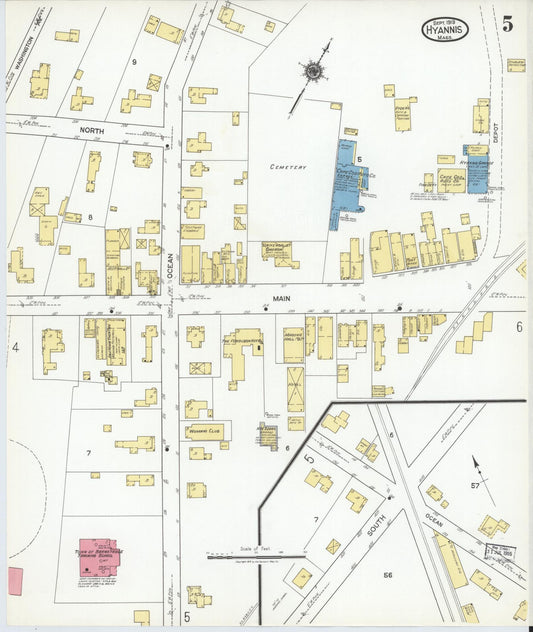Sanborn Fire Insurance Map from Hyannis, Barnstable County, Massachusetts (1919), Sheet #0005 - Historic Sanborn Fire Insurance Map Print, vintage old map wall art, antique decor, genealogy gift, Massachusetts Massachusetts map