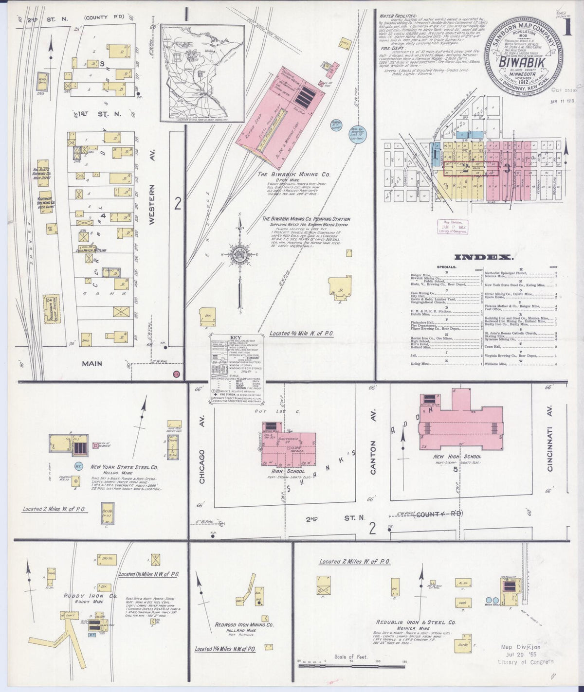 Sanborn Fire Insurance Map from Biwabik, Saint Louis County, Minnesota (1912), Sheet #0001 - Historic Sanborn Fire Insurance Map Print, vintage old map wall art, antique decor, genealogy gift, Minnesota Minnesota map