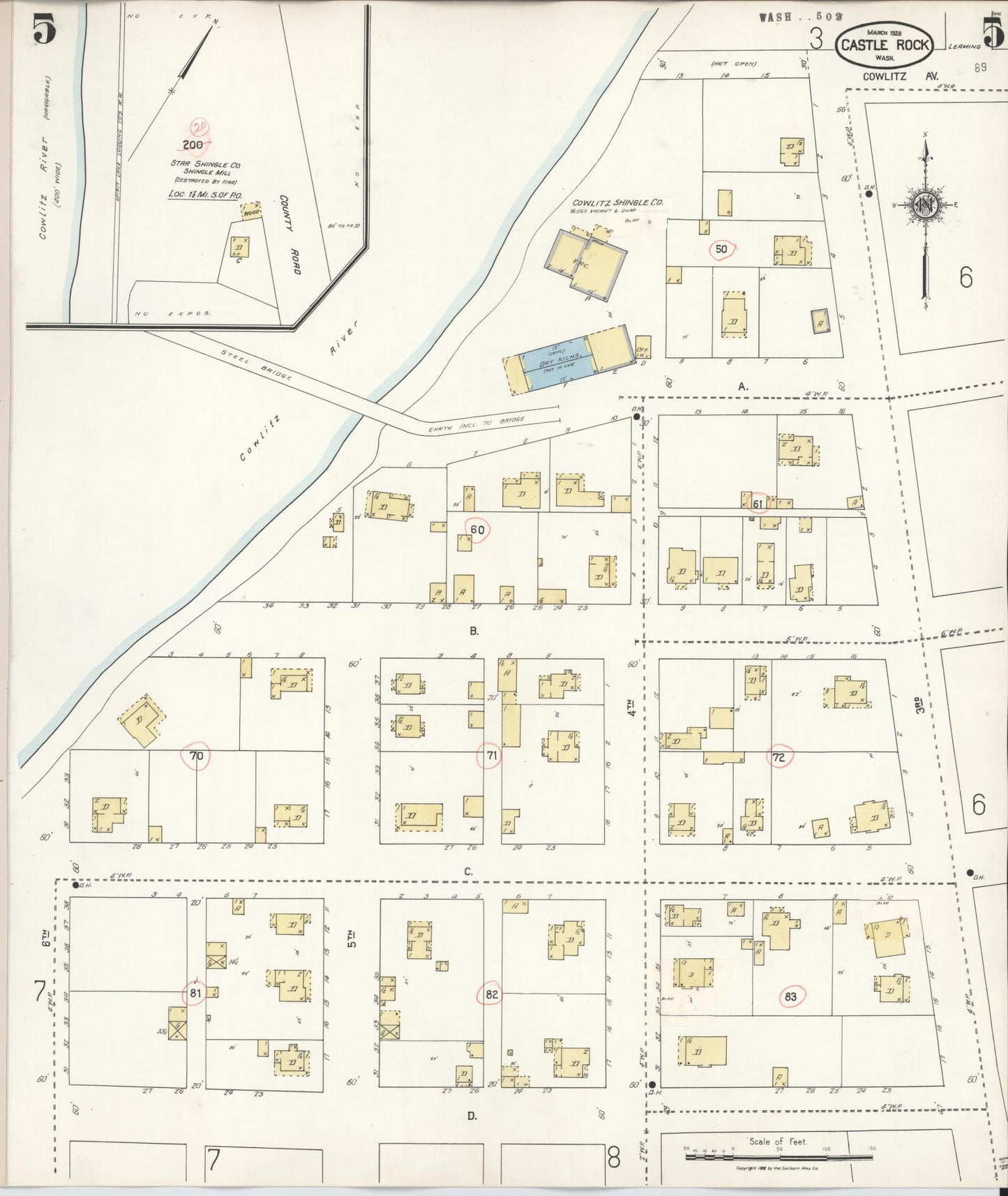 Sanborn Fire Insurance Map from Castle Rock, Cowlitz County, Washington (1931), Sheet #0005 - Complete Map Set gallery image, historic Sanborn map, vintage wall art, Washington Washington