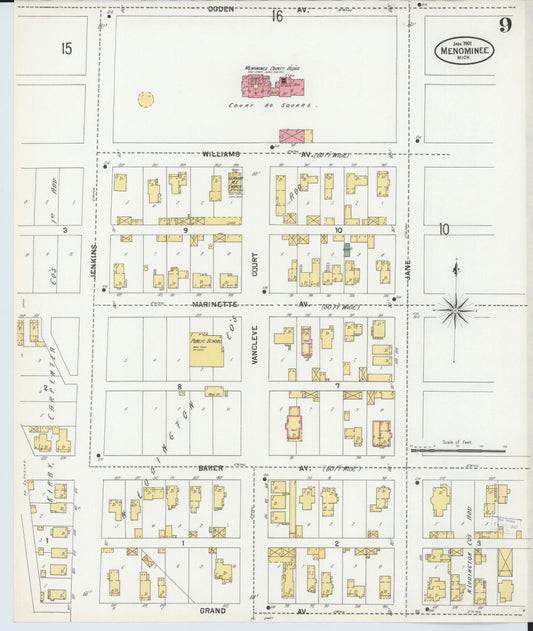 Sanborn Fire Insurance Map from Menominee, Menominee County, Michigan (1901), Sheet #0009 - Historic Sanborn Fire Insurance Map Print, vintage old map wall art, antique decor, genealogy gift, Michigan Michigan map