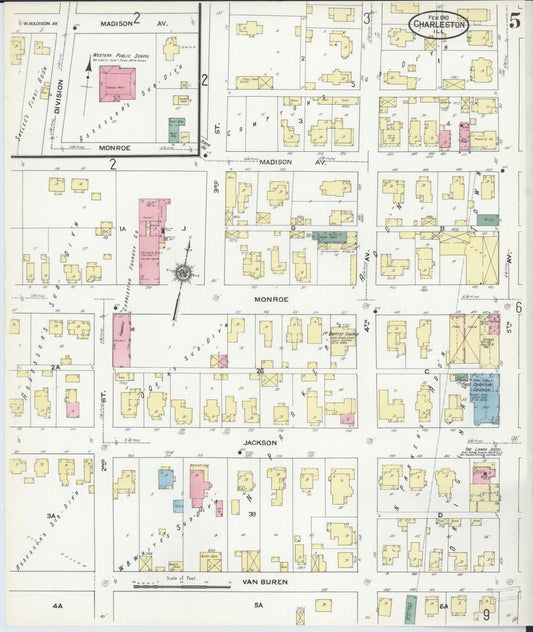 Sanborn Fire Insurance Map from Charleston, Coles County, Illinois (1910), Sheet #0005 - Historic Sanborn Fire Insurance Map Print, vintage old map wall art, antique decor, genealogy gift, Illinois Illinois map