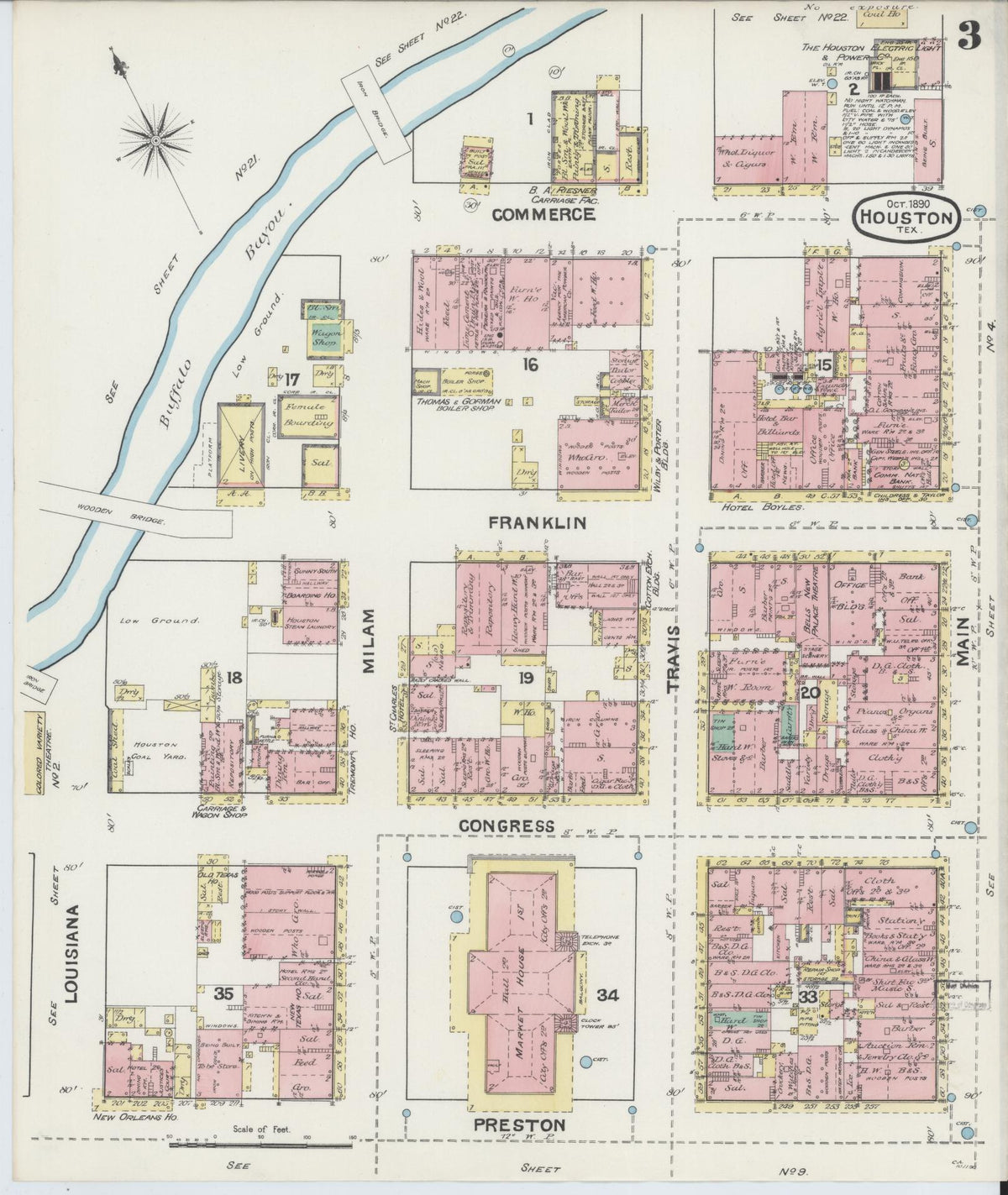 Sanborn Fire Insurance Map from Houston, Harris County, Texas (1890), Sheet #0003 - Historic Sanborn Fire Insurance Map Print, vintage old map wall art, antique decor, genealogy gift, Texas Texas map
