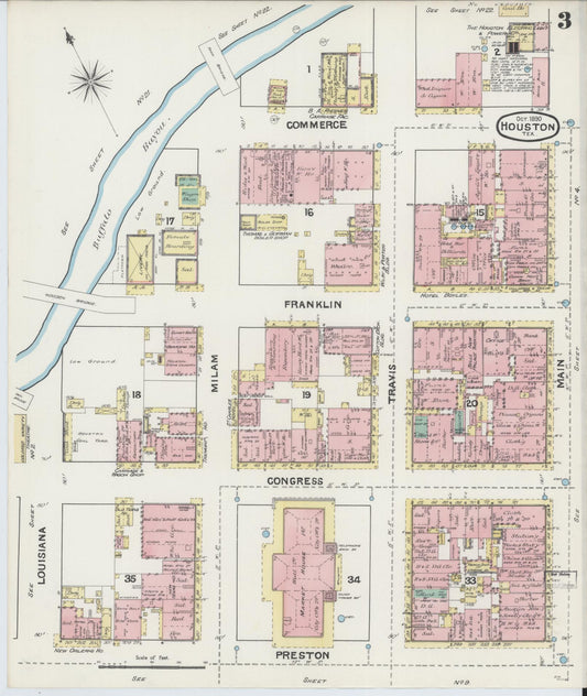 Sanborn Fire Insurance Map from Houston, Harris County, Texas (1890), Sheet #0003 - Historic Sanborn Fire Insurance Map Print, vintage old map wall art, antique decor, genealogy gift, Texas Texas map