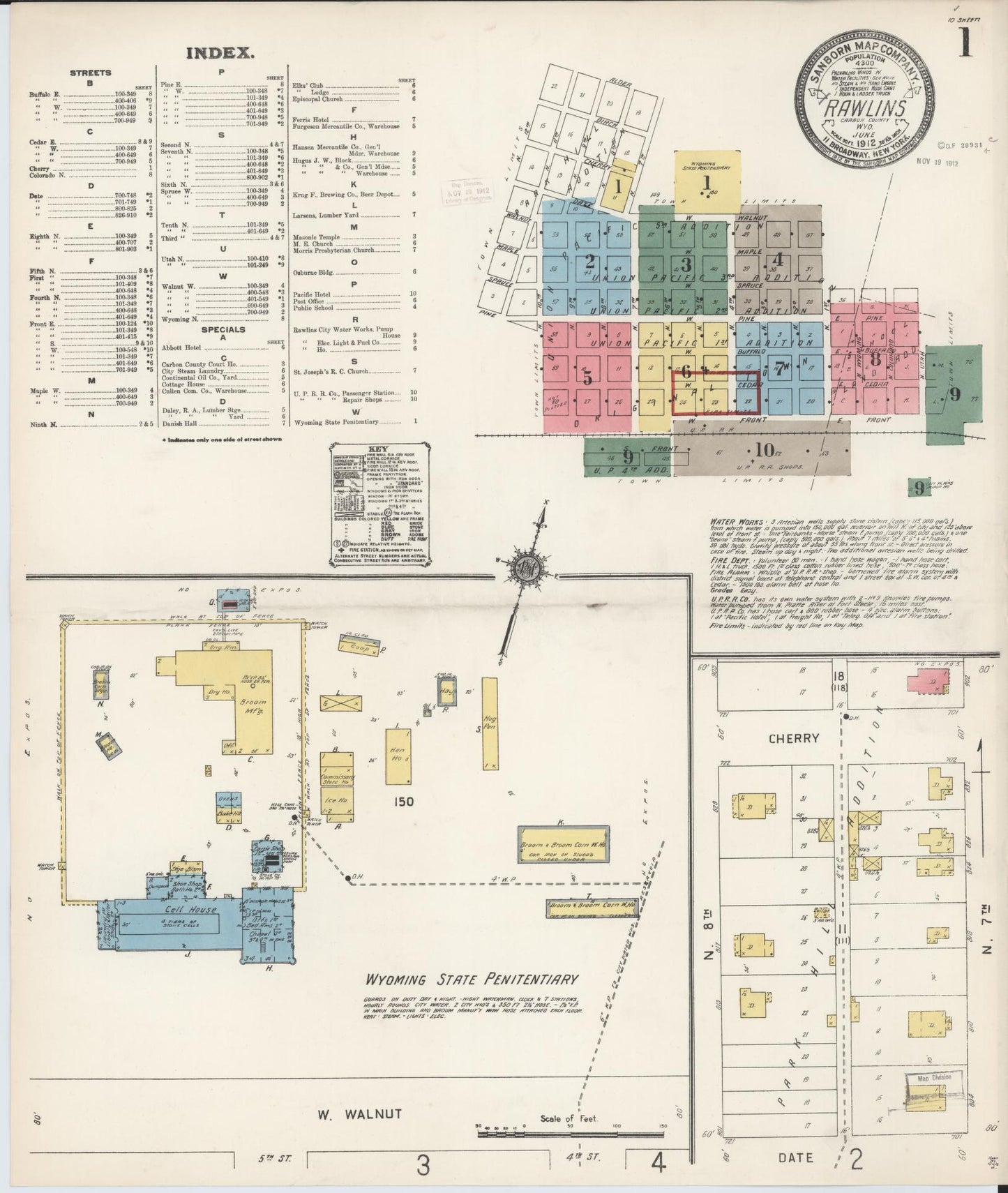 Sanborn Fire Insurance Map from Rawlins, Carbon County, Wyoming (1912), Sheet #0001 - Complete Map Set gallery image, historic Sanborn map, vintage wall art, Wyoming Wyoming