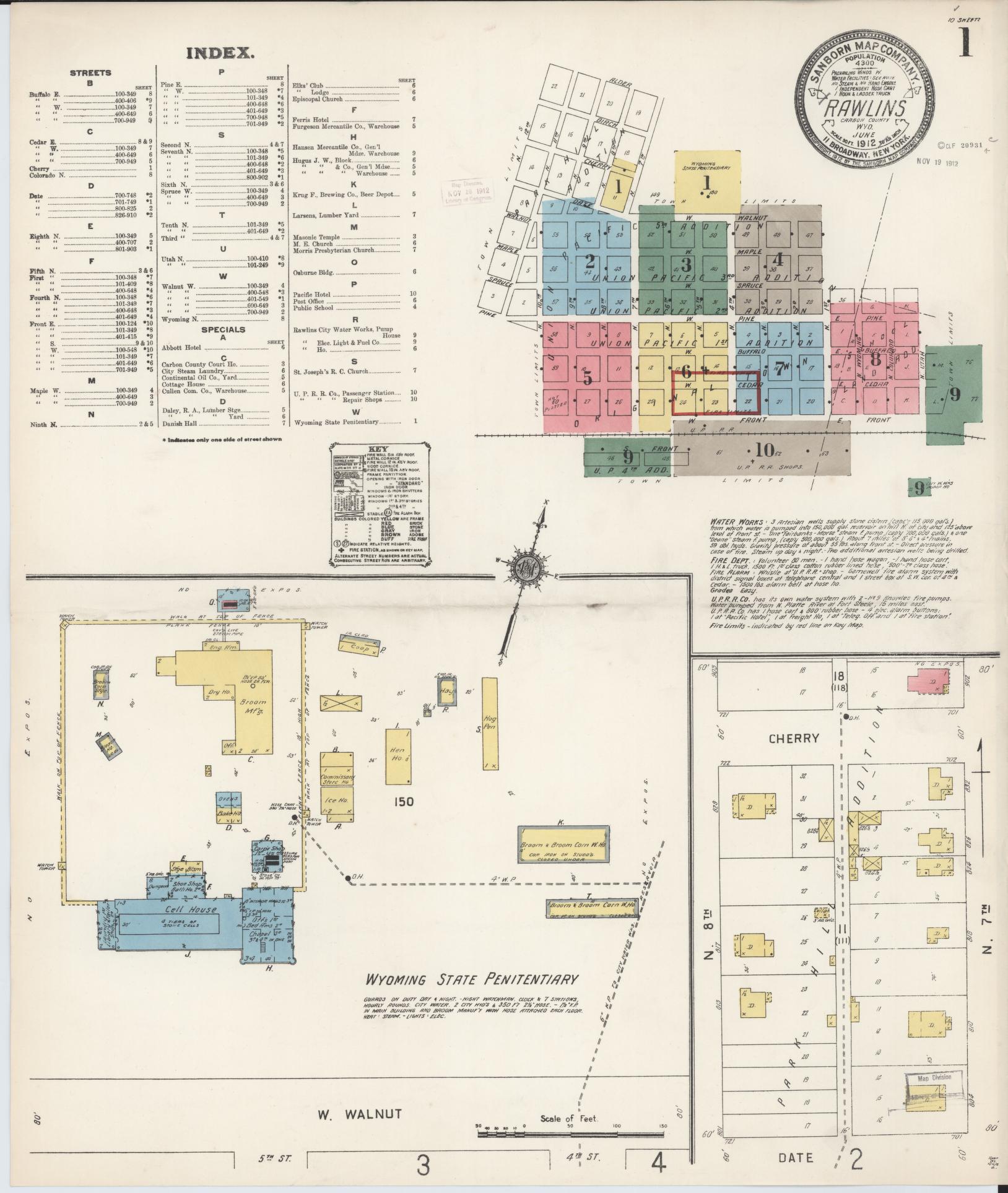 Sanborn Fire Insurance Map from Rawlins, Carbon County, Wyoming (1912), Sheet #0001 - Complete Map Set gallery image, historic Sanborn map, vintage wall art, Wyoming Wyoming