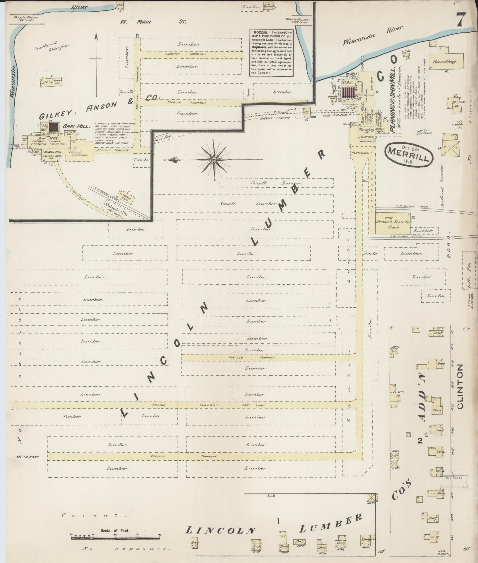 Sanborn Fire Insurance Map from Merrill, Lincoln County, Wisconsin (1884), Sheet #0007 - Historic Sanborn Fire Insurance Map Print, vintage old map wall art, antique decor, genealogy gift, Wisconsin Wisconsin map