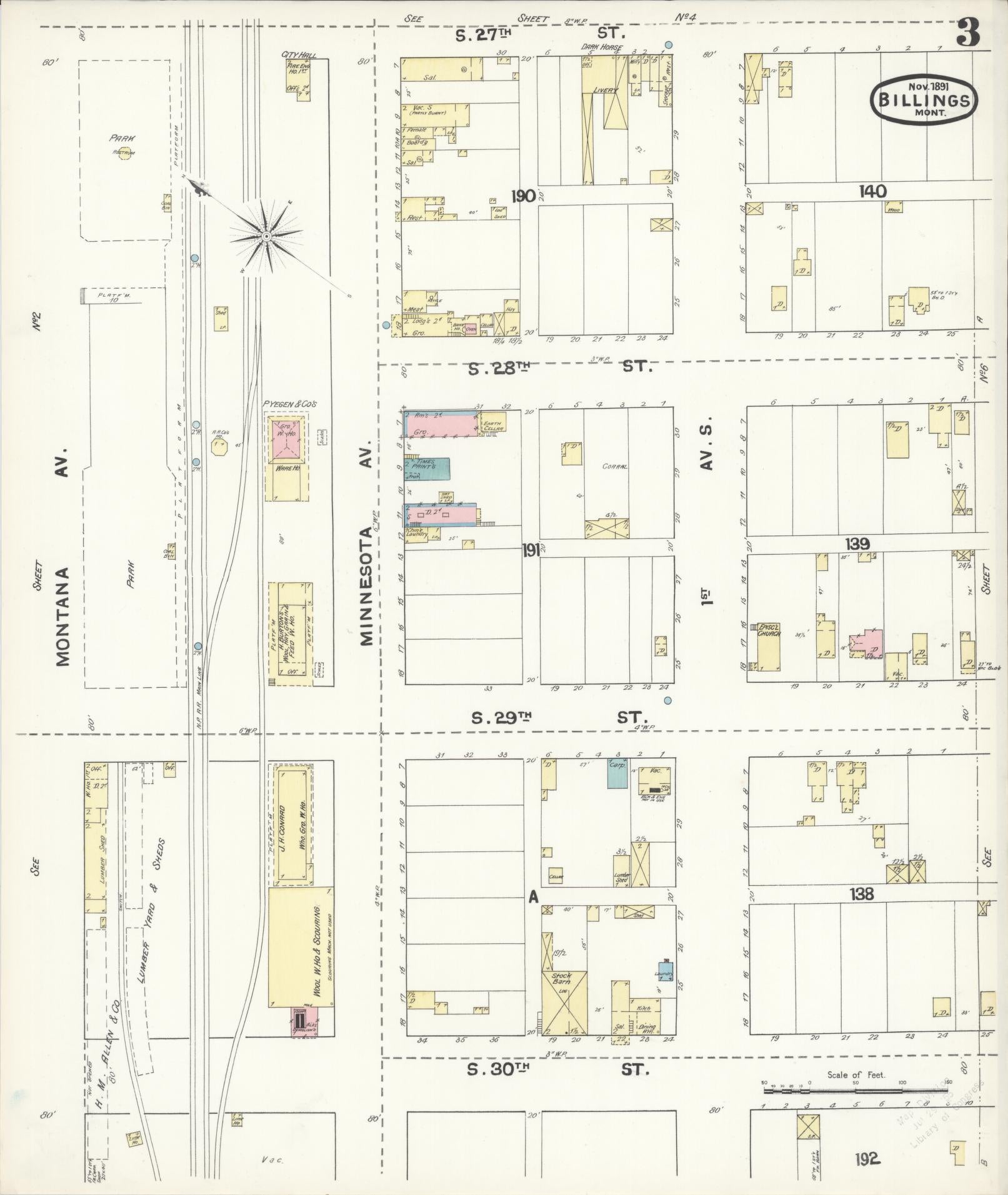 Sanborn Fire Insurance Map from Billings, Yellowstone County, Montana (1891), Sheet #0003 - Complete Map Set gallery image, historic Sanborn map, vintage wall art, Montana Montana