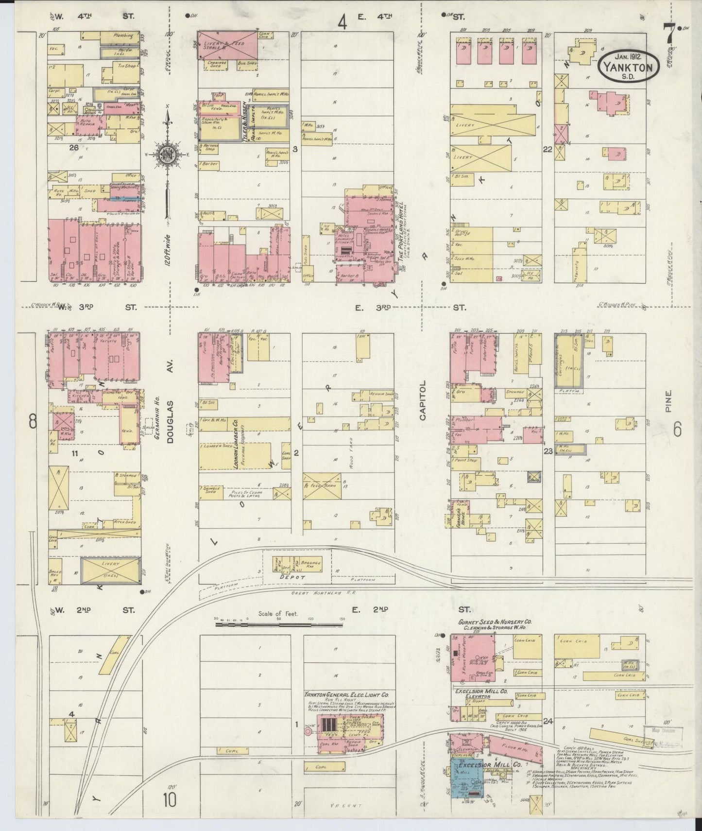 Sanborn Fire Insurance Map from Yankton, Yankton County, South Dakota (1912), Sheet #0007 - Historic Sanborn Fire Insurance Map Print, vintage old map wall art, antique decor, genealogy gift, South Dakota South Dakota map