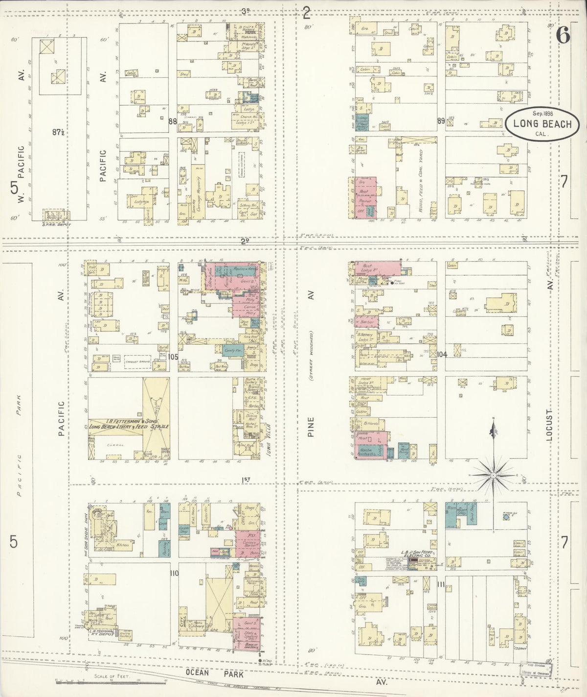 Sanborn Fire Insurance Map from Long Beach, Los Angeles County, California (1898), Sheet #0006 - Complete Map Set gallery image, historic Sanborn map, vintage wall art, California California