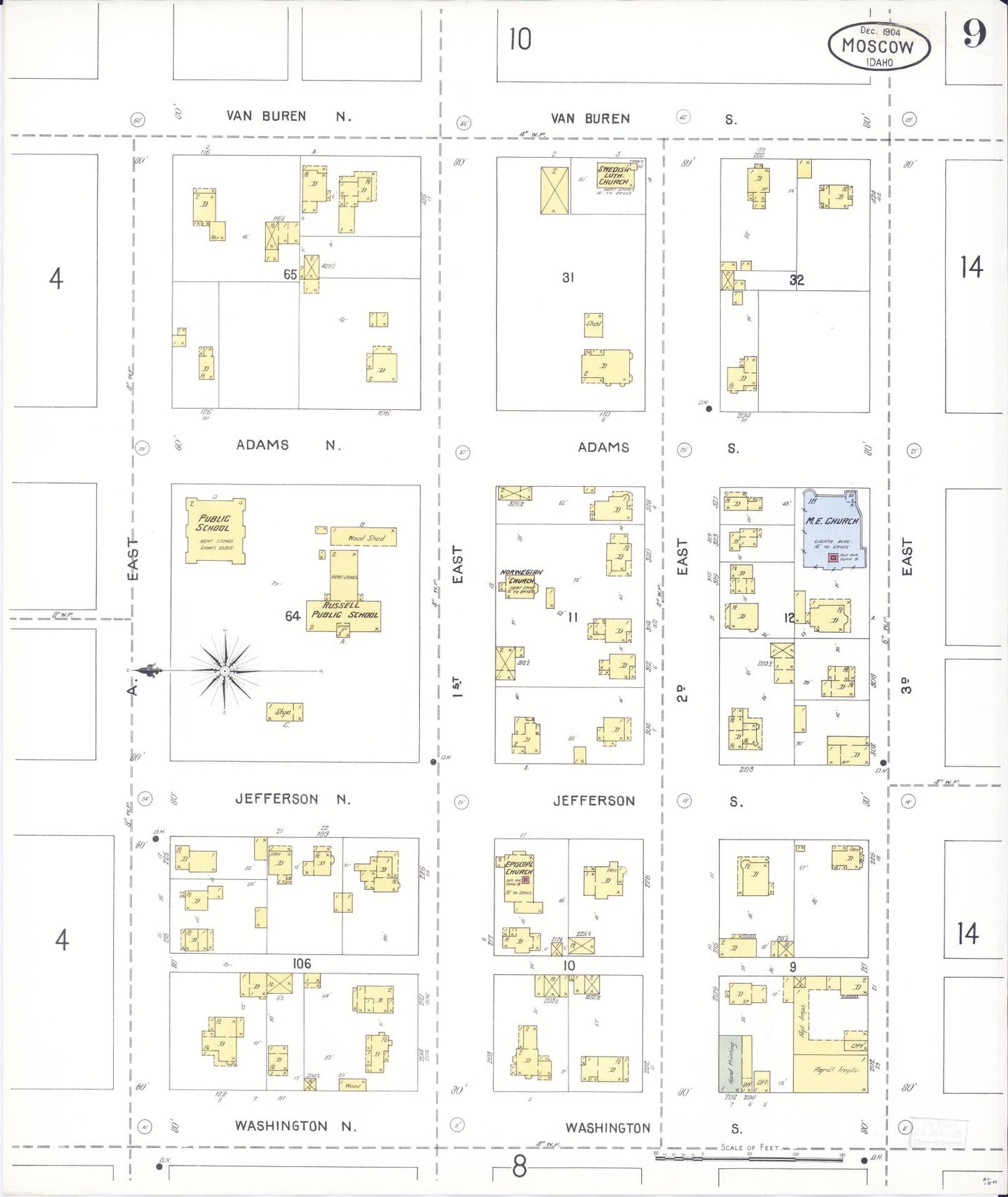 Sanborn Fire Insurance Map from Moscow, Latah County, Idaho (1904), Sheet #0009 - Historic Sanborn Fire Insurance Map Print, vintage old map wall art, antique decor, genealogy gift, Idaho Idaho map