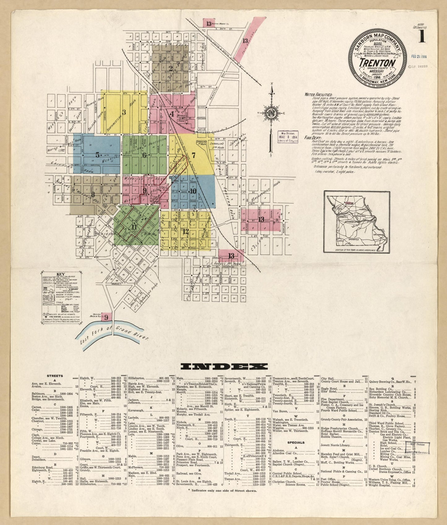Sanborn Fire Insurance Map from Trenton, Grundy County, Missouri (1914), Sheet #0001 - Historic Sanborn Fire Insurance Map Print, vintage old map wall art, antique decor, genealogy gift, Missouri Missouri map