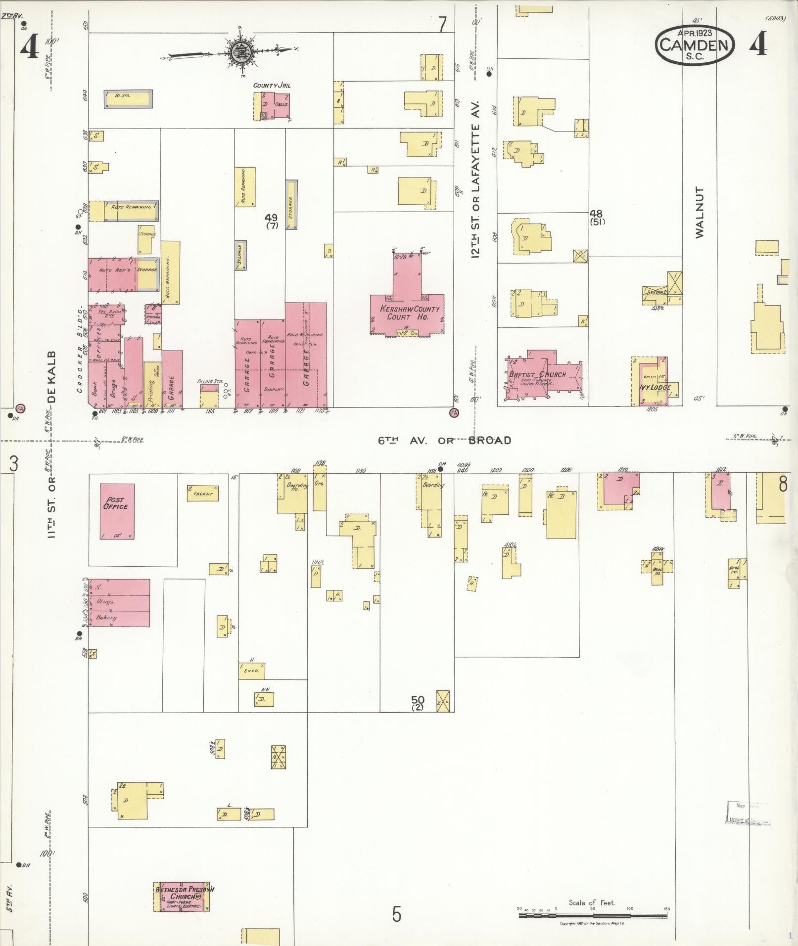 Sanborn Fire Insurance Map from Camden, Kershaw County, South Carolina (1923), Sheet #0004 - Complete Map Set gallery image, historic Sanborn map, vintage wall art, South Carolina South Carolina