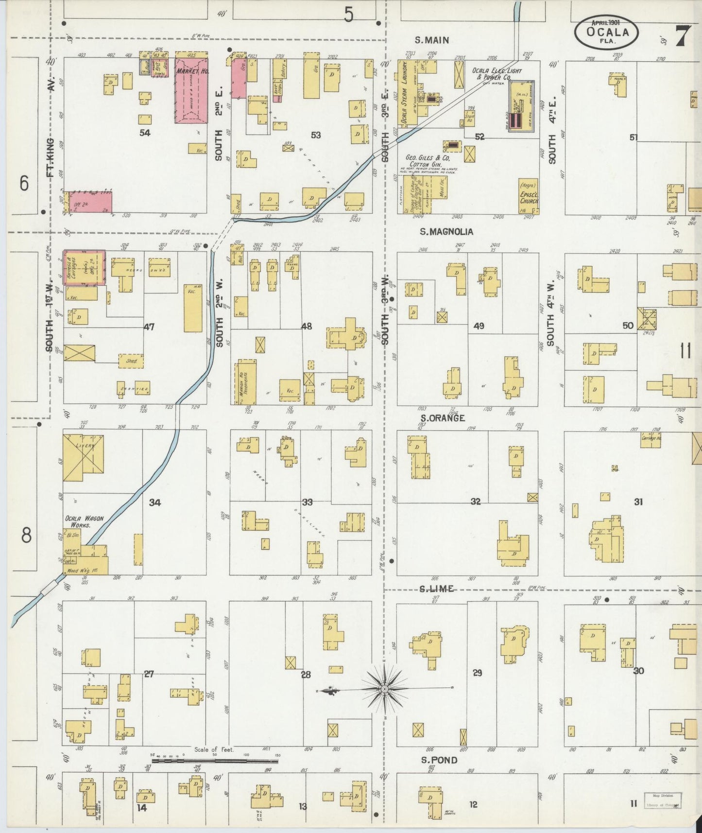 Sanborn Fire Insurance Map from Ocala, Marion County, Florida (1901), Sheet #0007 - Historic Sanborn Fire Insurance Map Print, vintage old map wall art, antique decor, genealogy gift, Florida Florida map