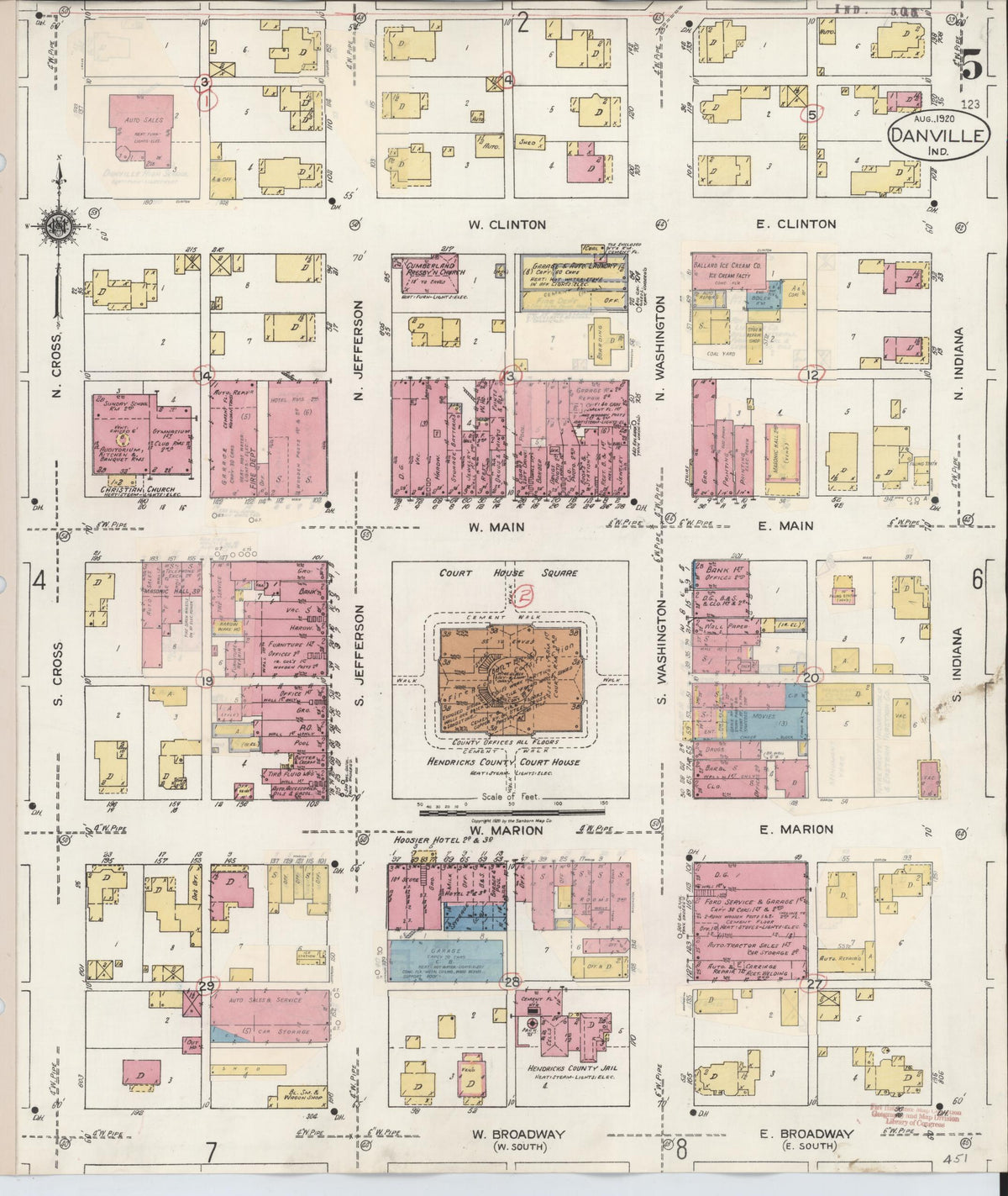 Sanborn Fire Insurance Map from Danville, Hendricks County, Indiana (1932), Sheet #0005 - Historic Sanborn Fire Insurance Map Print, vintage old map wall art, antique decor, genealogy gift, Indiana Indiana map