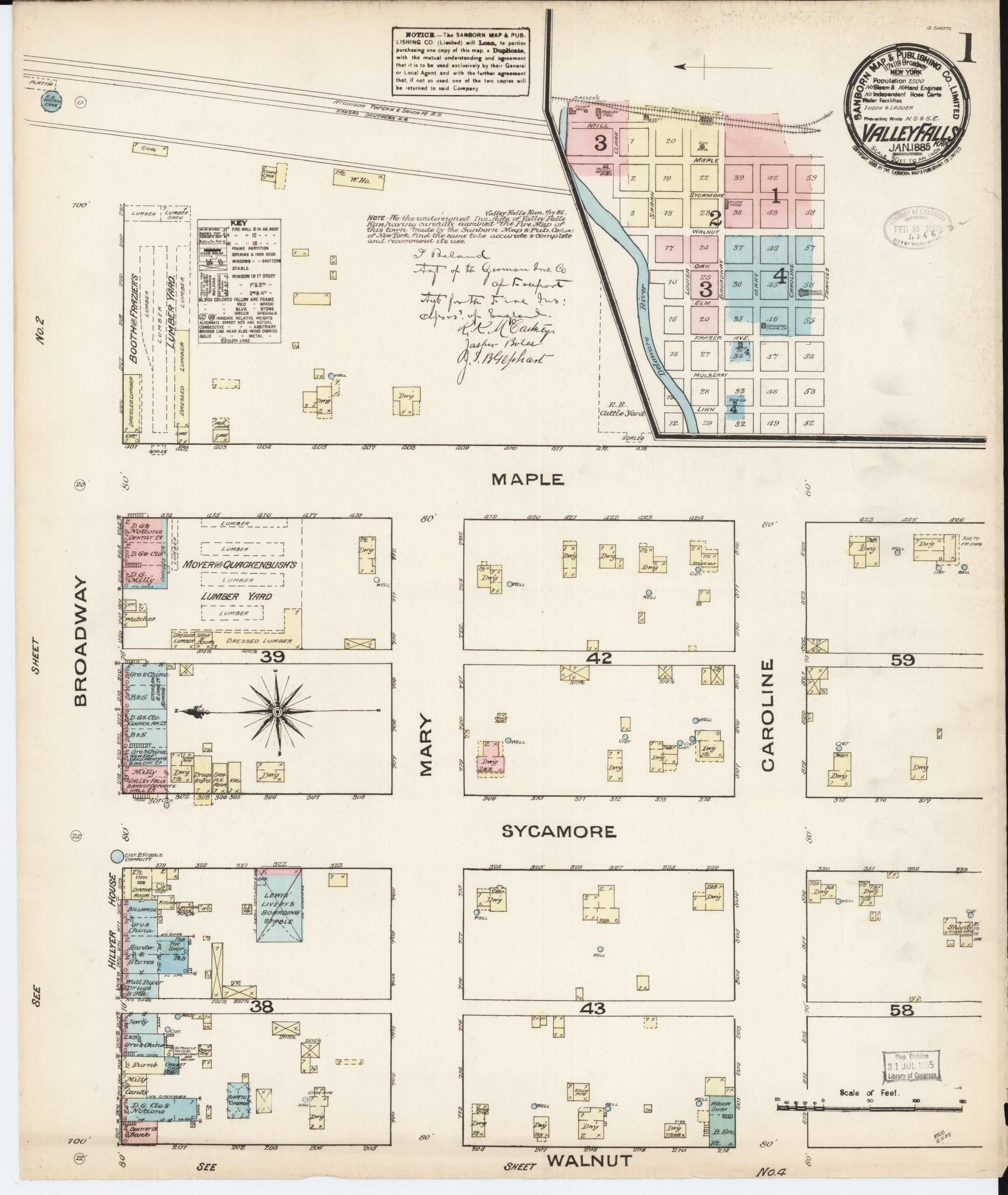 Sanborn Fire Insurance Map from Valley Falls, Jefferson County, Kansas (1885), Sheet #0001 - Complete Map Set gallery image, historic Sanborn map, vintage wall art, Kansas Kansas
