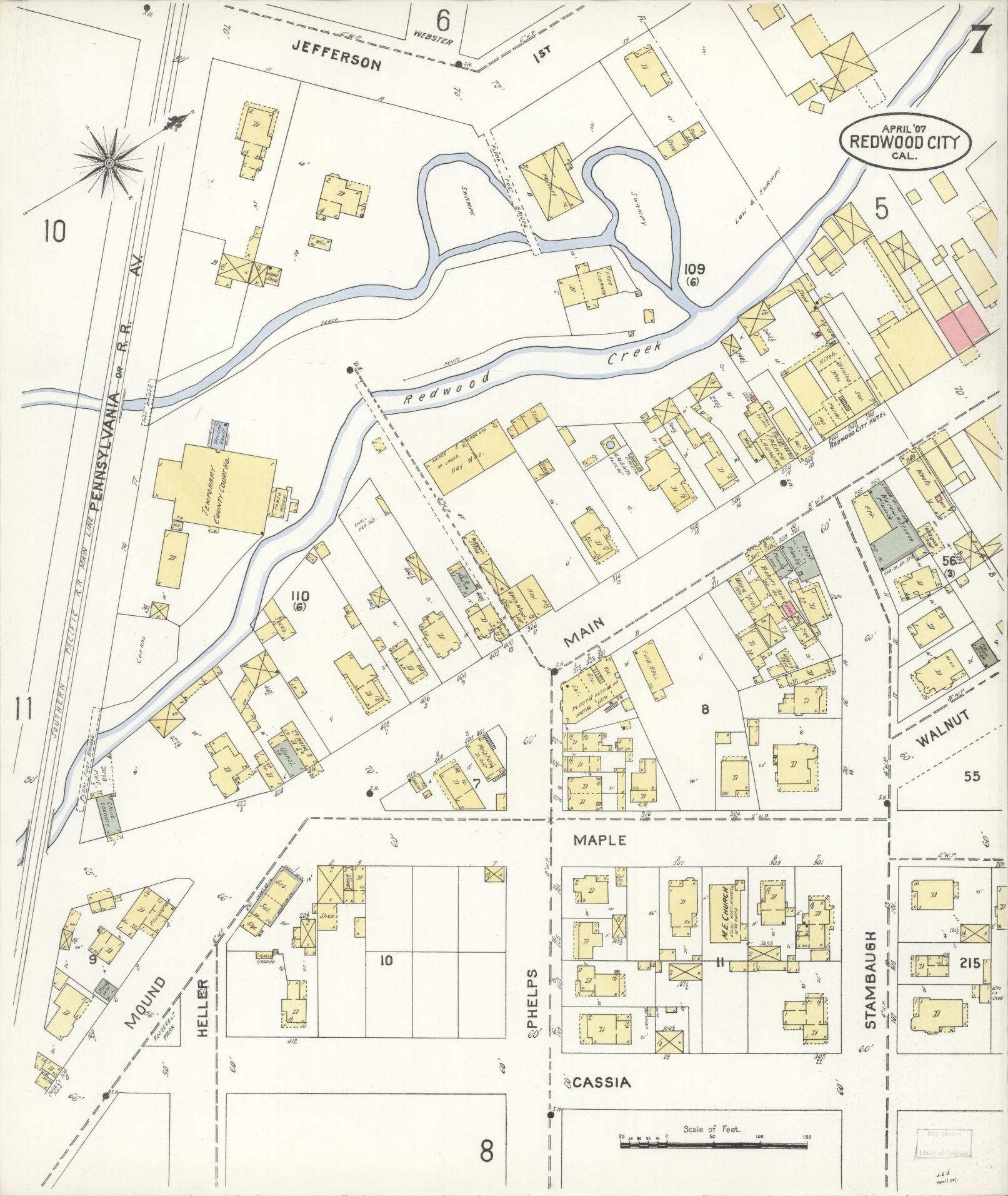 Sanborn Fire Insurance Map from Redwood City, San Mateo County, California (1907), Sheet #0007 - Complete Map Set gallery image, historic Sanborn map, vintage wall art, California California