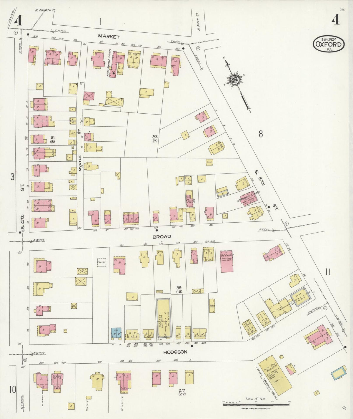 Sanborn Fire Insurance Map from Oxford, Chester County, Pennsylvania (1924), Sheet #0004 - Historic Sanborn Fire Insurance Map Print, vintage old map wall art, antique decor, genealogy gift, Pennsylvania Pennsylvania map