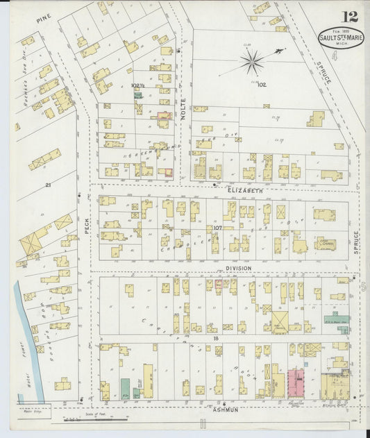 Sanborn Fire Insurance Map from Sault Sainte Marie, Chippewa County, Michigan (1895), Sheet #0012 - Historic Sanborn Fire Insurance Map Print, vintage old map wall art, antique decor, genealogy gift, Michigan Michigan map