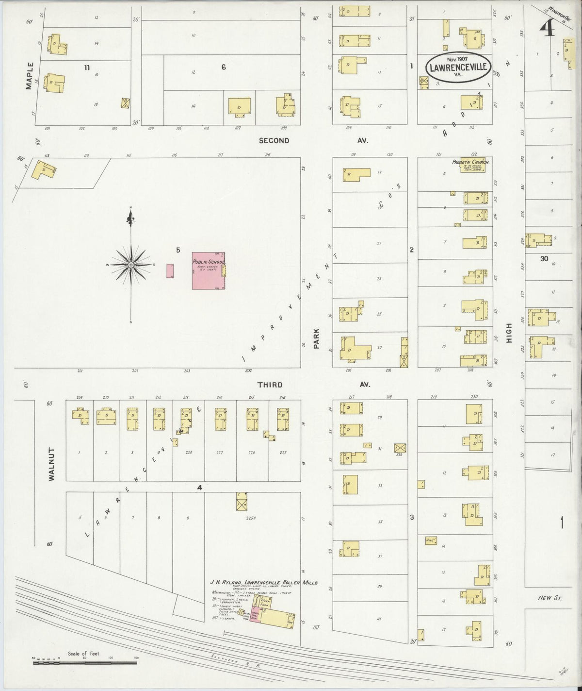 Sanborn Fire Insurance Map from Lawrenceville, Brunswick County, Virginia (1907), Sheet #0004 - Complete Map Set gallery image, historic Sanborn map, vintage wall art, Virginia Virginia