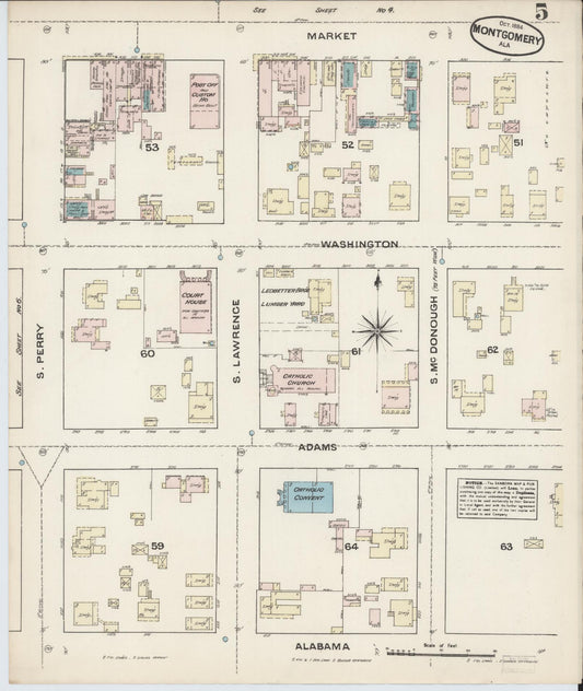 Sanborn Fire Insurance Map from Montgomery, Montgomery County, Alabama (1884), Sheet #0005 - Historic Sanborn Fire Insurance Map Print, vintage old map wall art, antique decor, genealogy gift, Alabama Alabama map