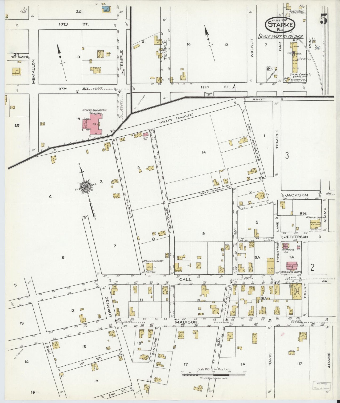 Sanborn Fire Insurance Map from Starke, Bradford County, Florida (1920), Sheet #0005 - Complete Map Set gallery image, historic Sanborn map, vintage wall art, Florida Florida