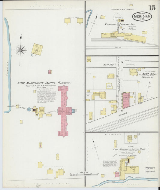 Sanborn Fire Insurance Map from Meridian, Lauderdale County, Mississippi (1893), Sheet #0015 - Historic Sanborn Fire Insurance Map Print, vintage old map wall art, antique decor, genealogy gift, Mississippi Mississippi map