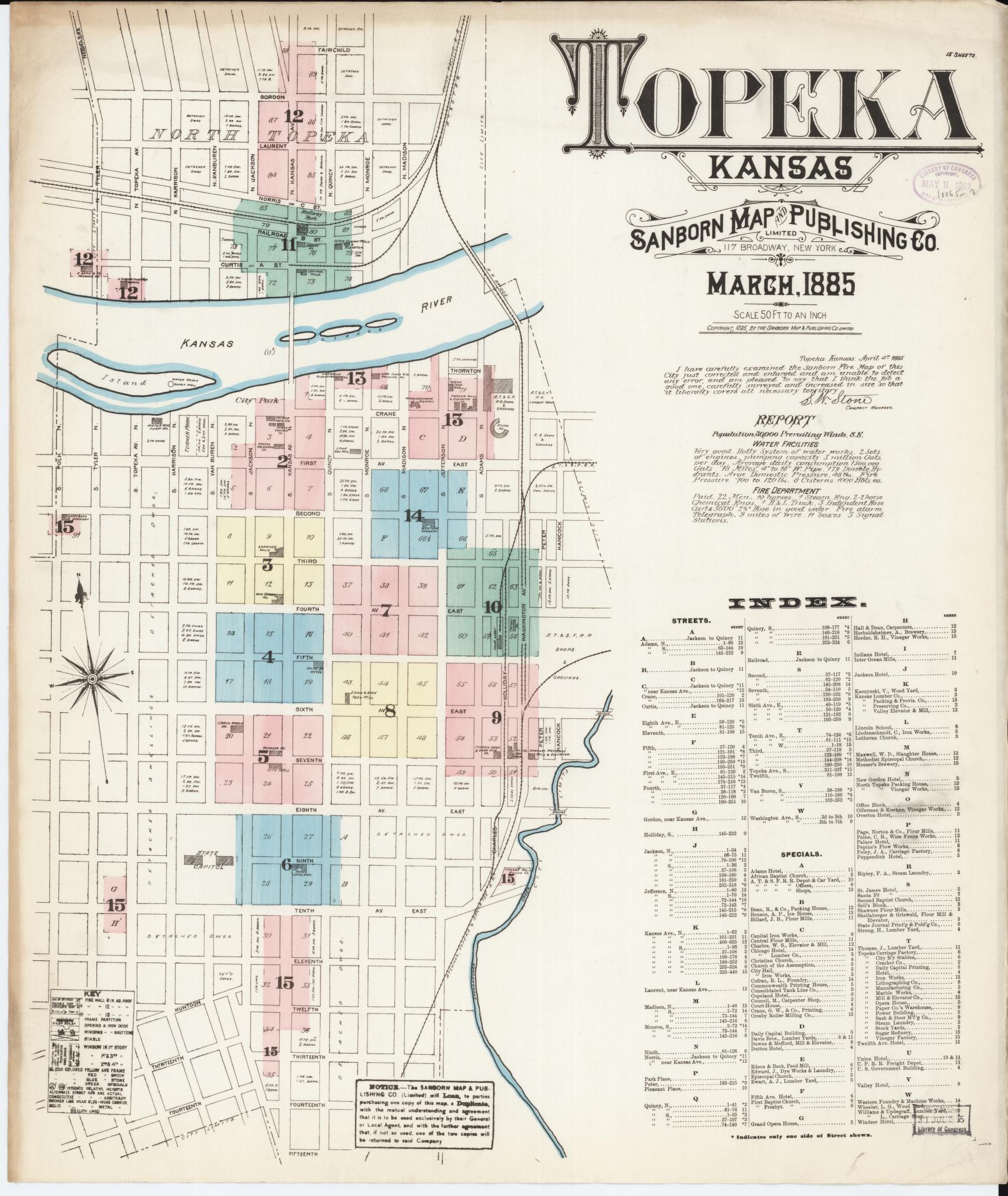 Sanborn Fire Insurance Map from Topeka, Shawnee County, Kansas (1885), Sheet #0001 - Historic Sanborn Fire Insurance Map Print, vintage old map wall art, antique decor, genealogy gift, Kansas Kansas map
