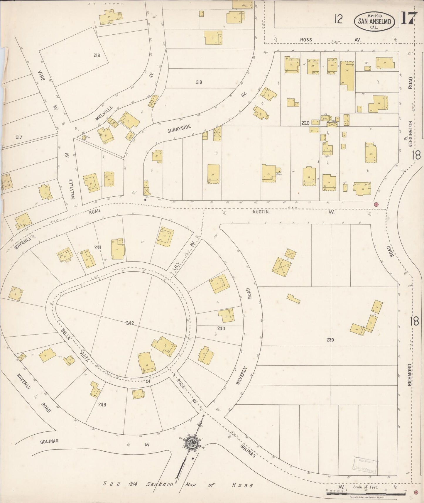Sanborn Fire Insurance Map from San Anselmo, Marin County, California (1919), Sheet #0017 - Complete Map Set gallery image, historic Sanborn map, vintage wall art, California California