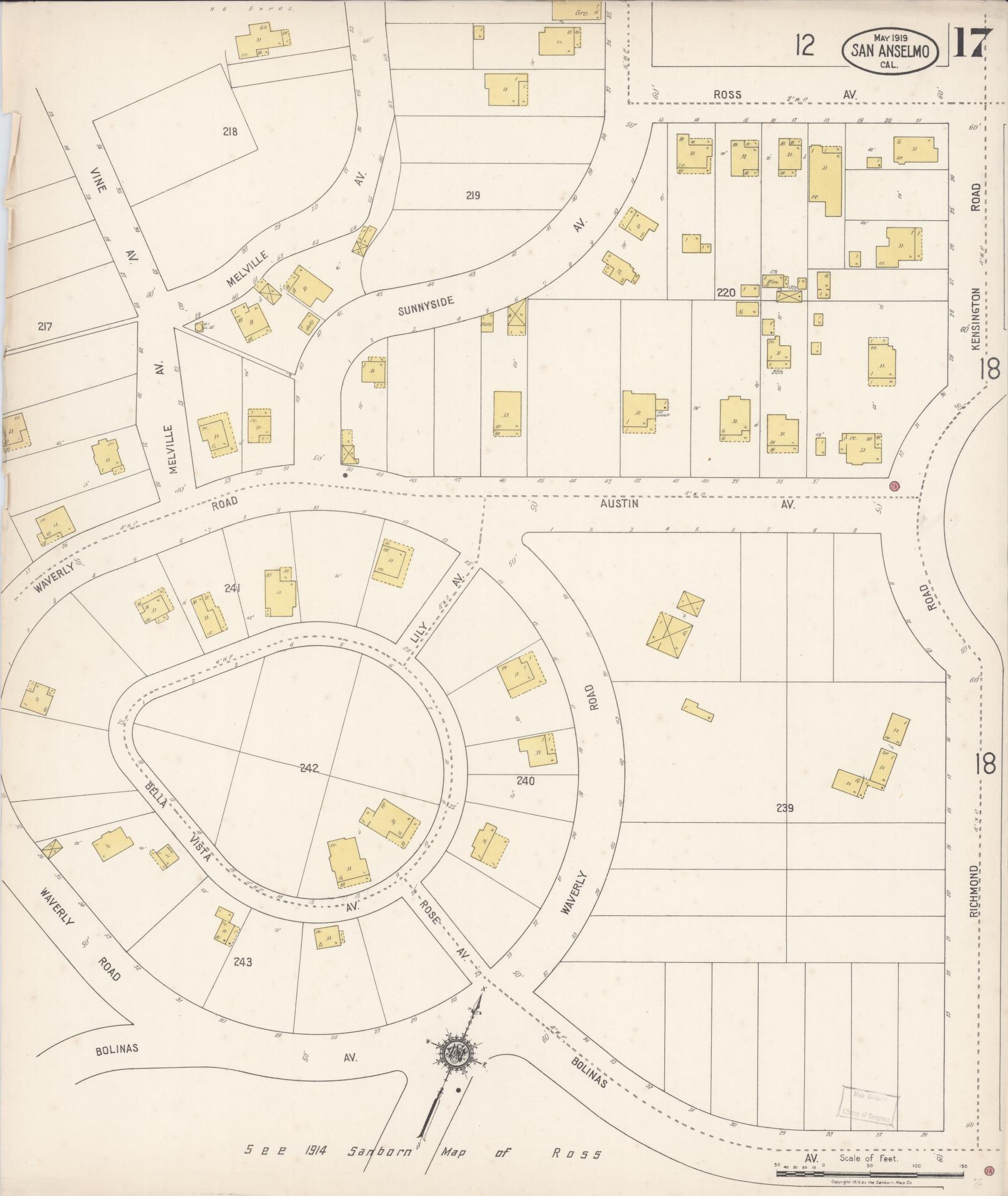Sanborn Fire Insurance Map from San Anselmo, Marin County, California (1919), Sheet #0017 - Complete Map Set gallery image, historic Sanborn map, vintage wall art, California California