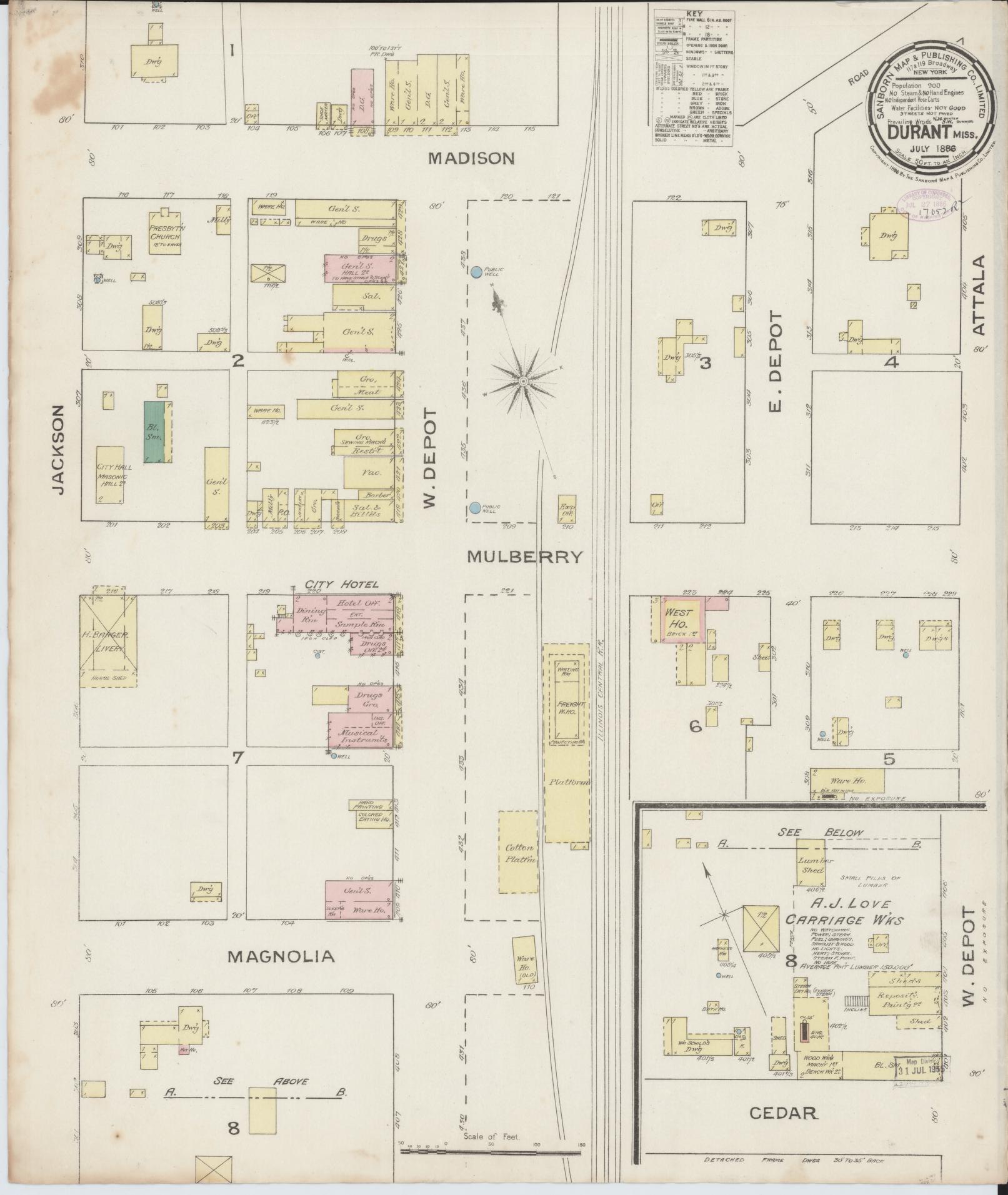 Sanborn Fire Insurance Map from Durant, Holmes County, Mississippi (1886), Sheet #0001 - Historic Sanborn Fire Insurance Map Print, vintage old map wall art, antique decor, genealogy gift, Mississippi Mississippi map