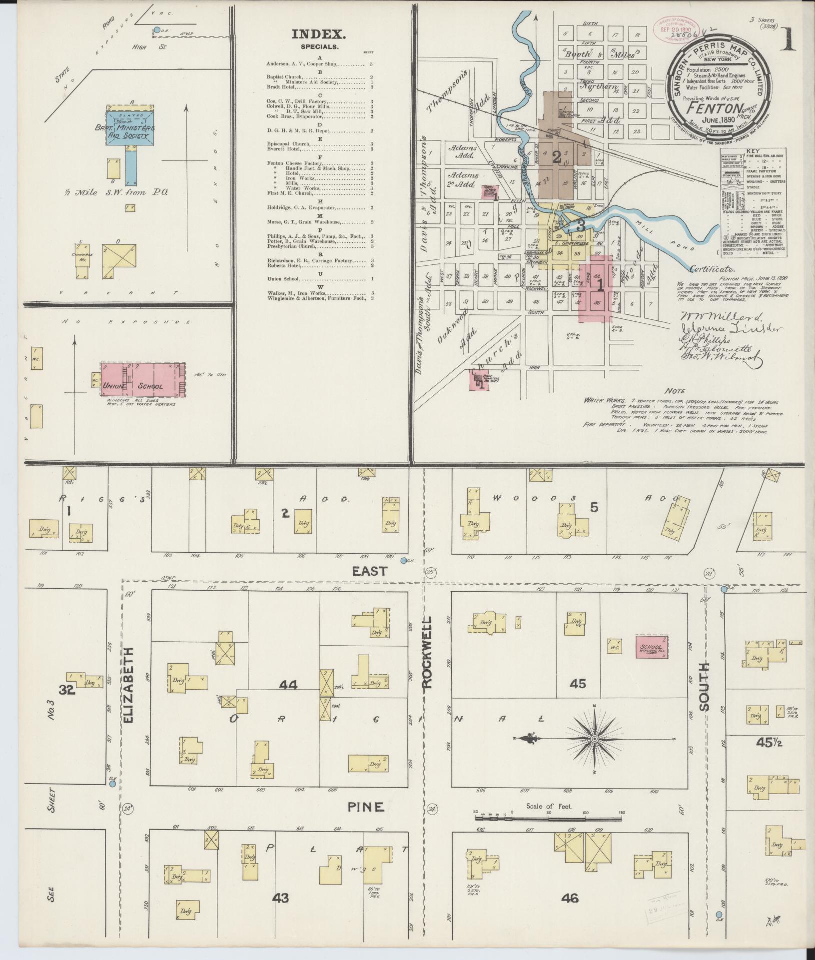 Sanborn Fire Insurance Map from Fenton, Genesee County, Michigan (1890), Sheet #0001 - Complete Map Set gallery image, historic Sanborn map, vintage wall art, Michigan Michigan