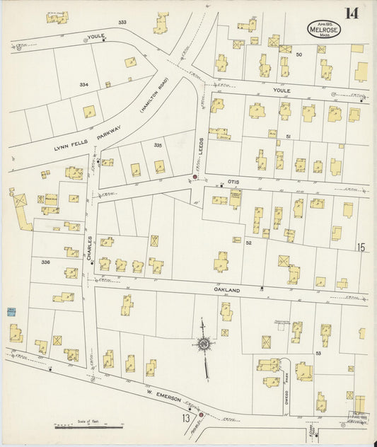 Sanborn Fire Insurance Map from Melrose, Middlesex County, Massachusetts (1915), Sheet #0014 - Historic Sanborn Fire Insurance Map Print, vintage old map wall art, antique decor, genealogy gift, Massachusetts Massachusetts map