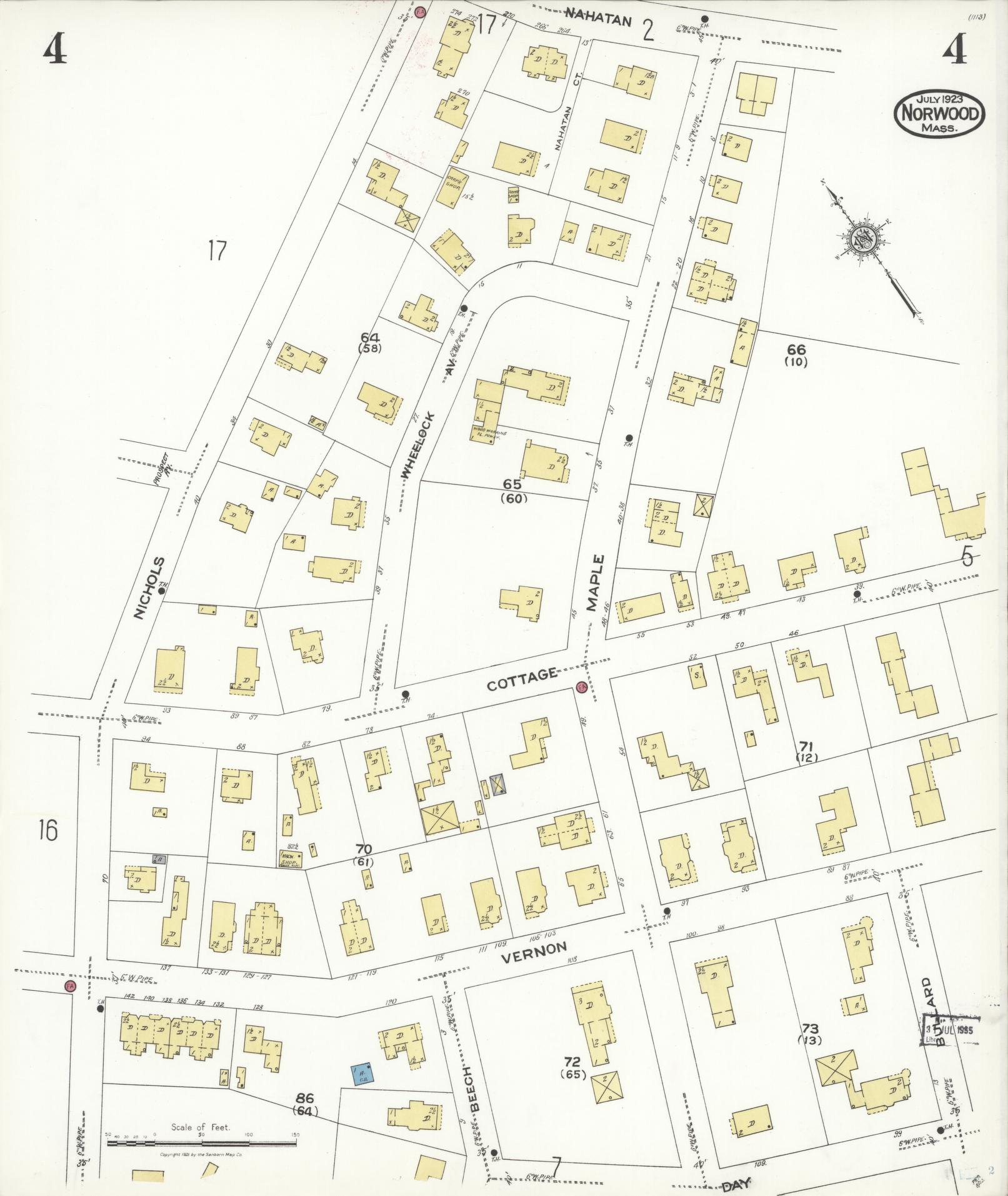 Sanborn Fire Insurance Map from Norwood, Norfolk County, Massachusetts (1923), Sheet #0004 - Historic Sanborn Fire Insurance Map Print, vintage old map wall art, antique decor, genealogy gift, Massachusetts Massachusetts map