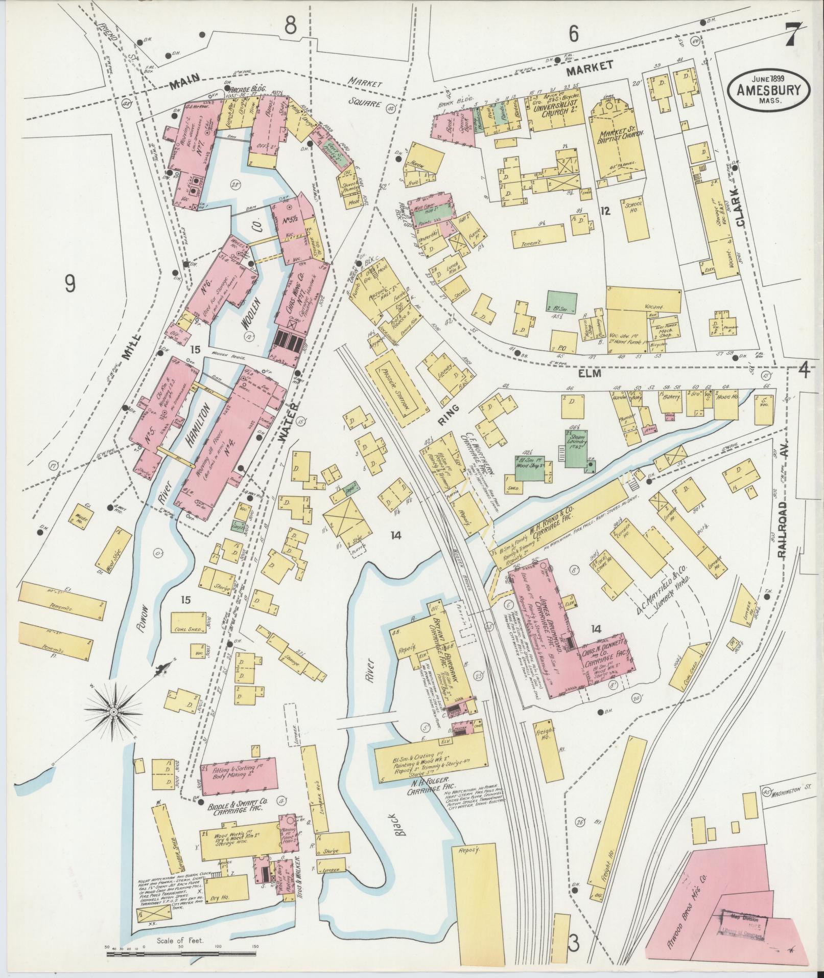 Sanborn Fire Insurance Map from Amesbury, Essex County, Massachusetts (1899), Sheet #0007 - Historic Sanborn Fire Insurance Map Print, vintage old map wall art, antique decor, genealogy gift, Massachusetts Massachusetts map