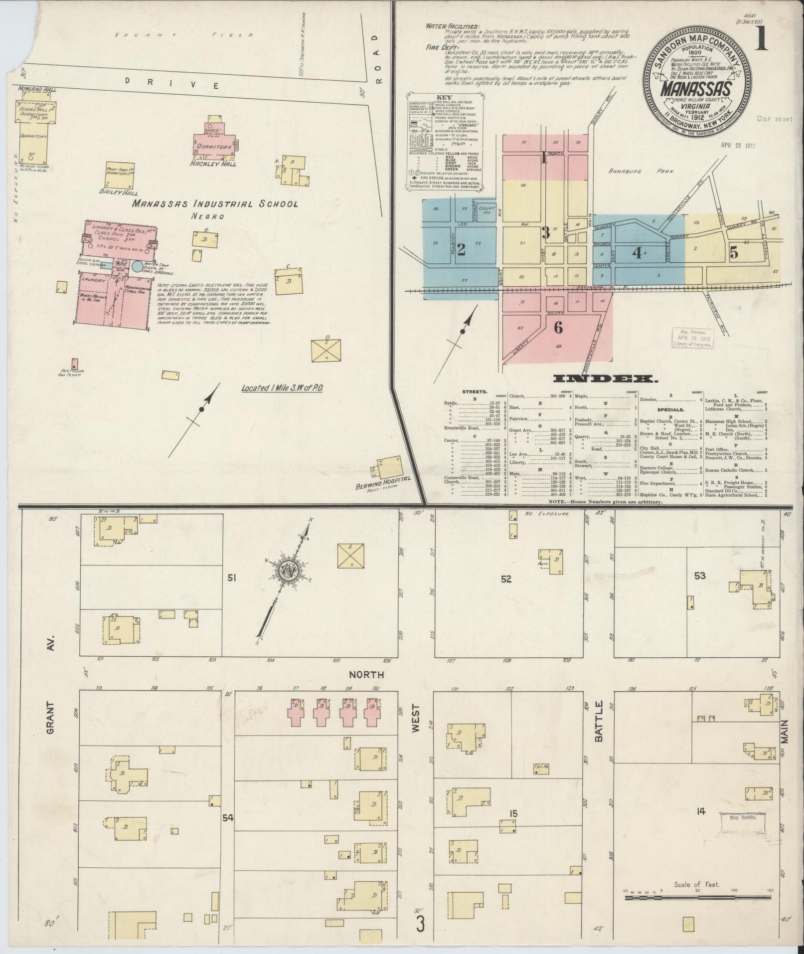 Sanborn Fire Insurance Map from Manassas, Independent Cities, Virginia (1912), Sheet #0001 - Complete Map Set gallery image, historic Sanborn map, vintage wall art, Virginia Virginia